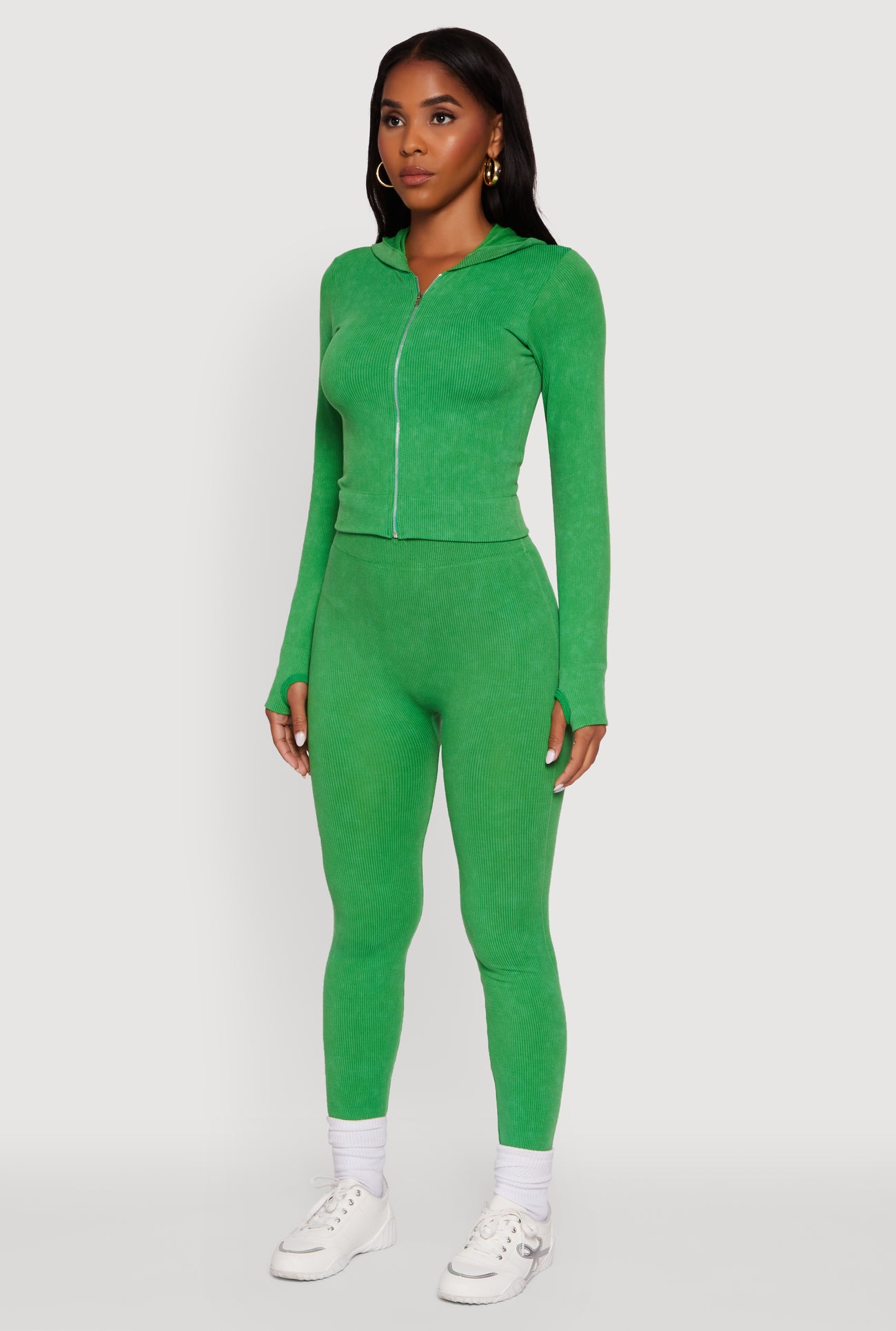 Acid Wash Ribbed Knit Hoodie with Thumb Holes