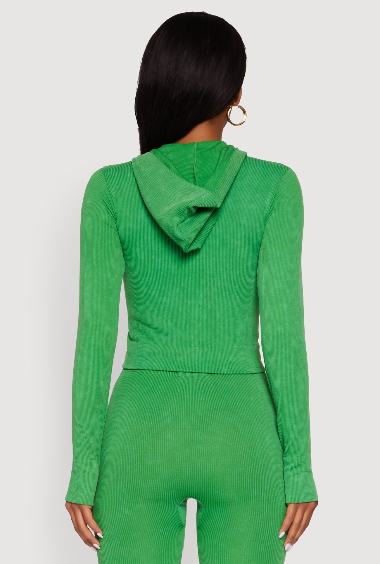 Acid Wash Ribbed Knit Hoodie with Thumb Holes