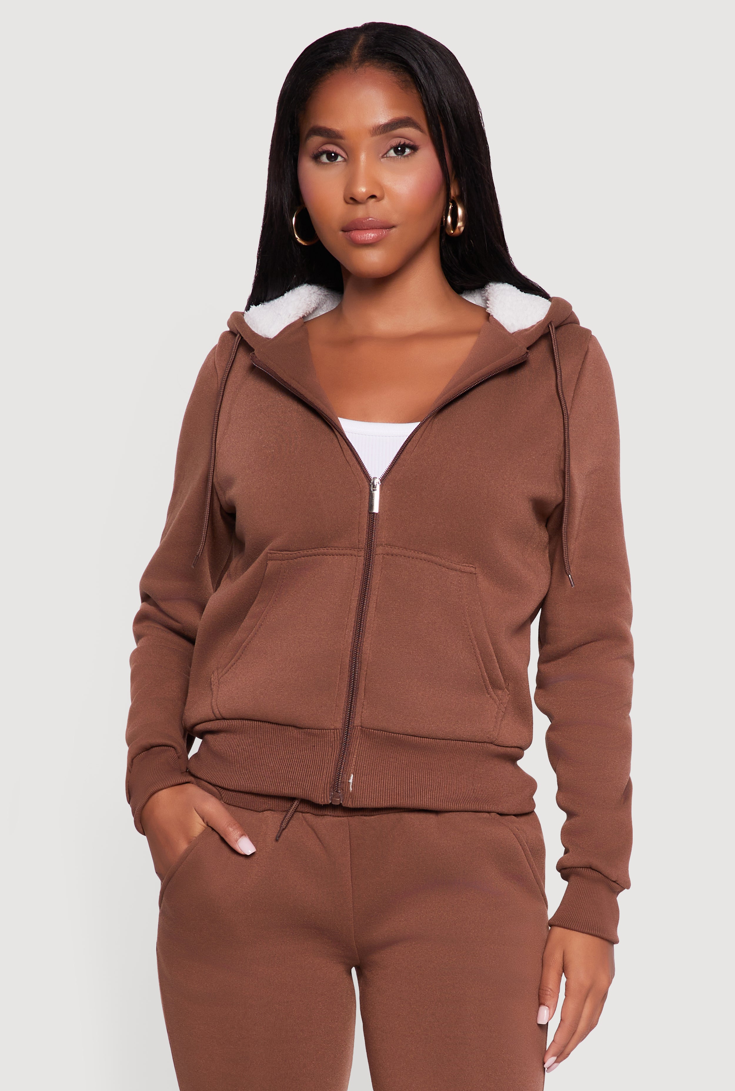 Cozy Sherpa Lined Hooded Zip Front Sweatshirt