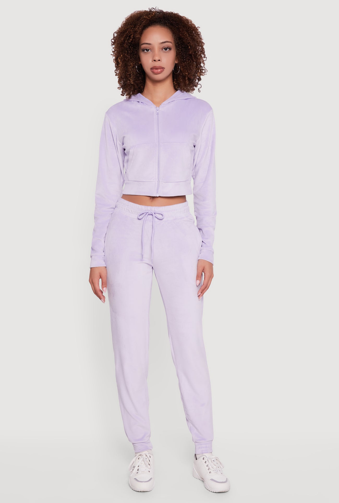 Velour Long Sleeve Cropped Zip Front Hoodie