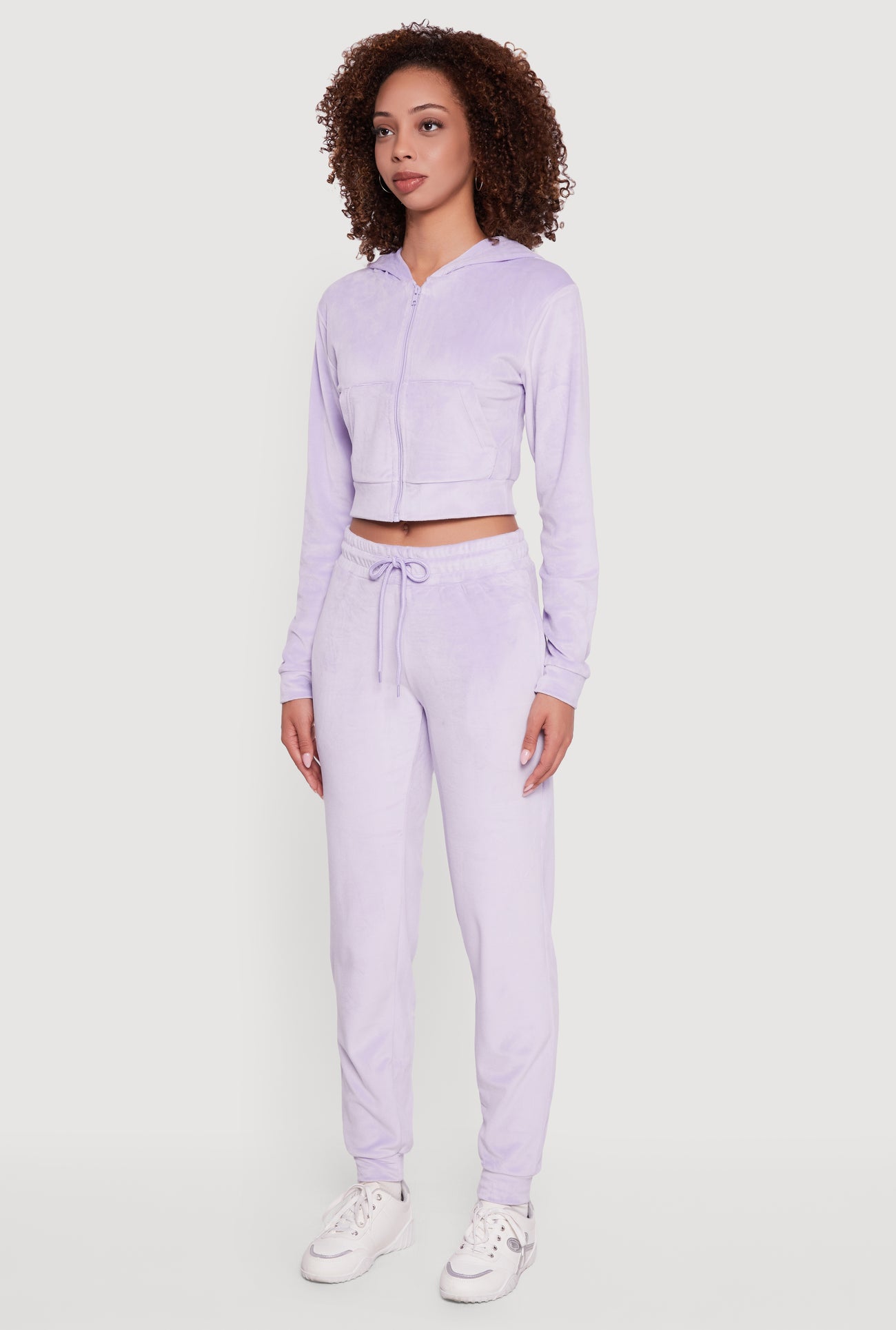 Velour Long Sleeve Cropped Zip Front Hoodie