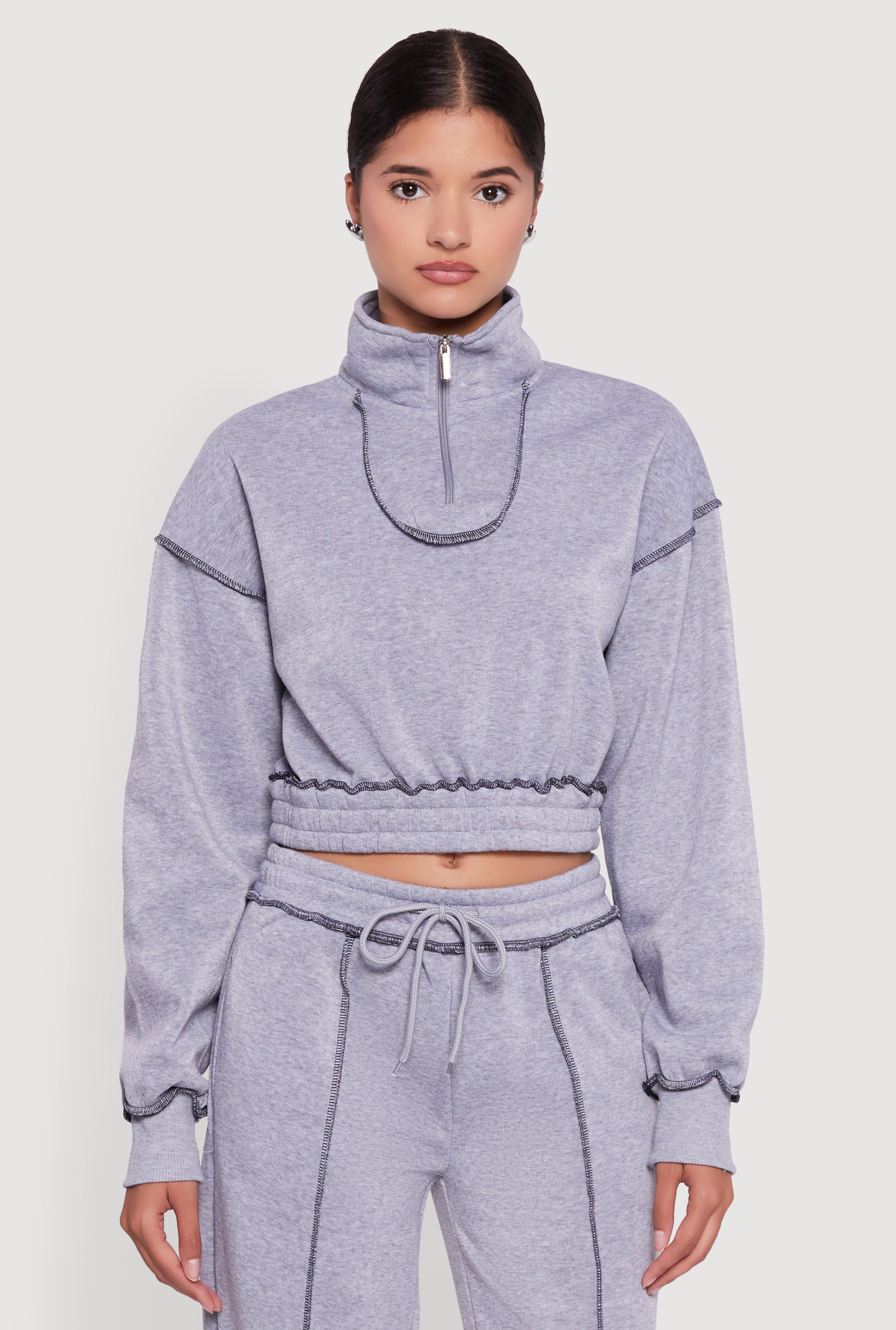 Mock Neck Half Zip Cropped Pullover Sweatshirt