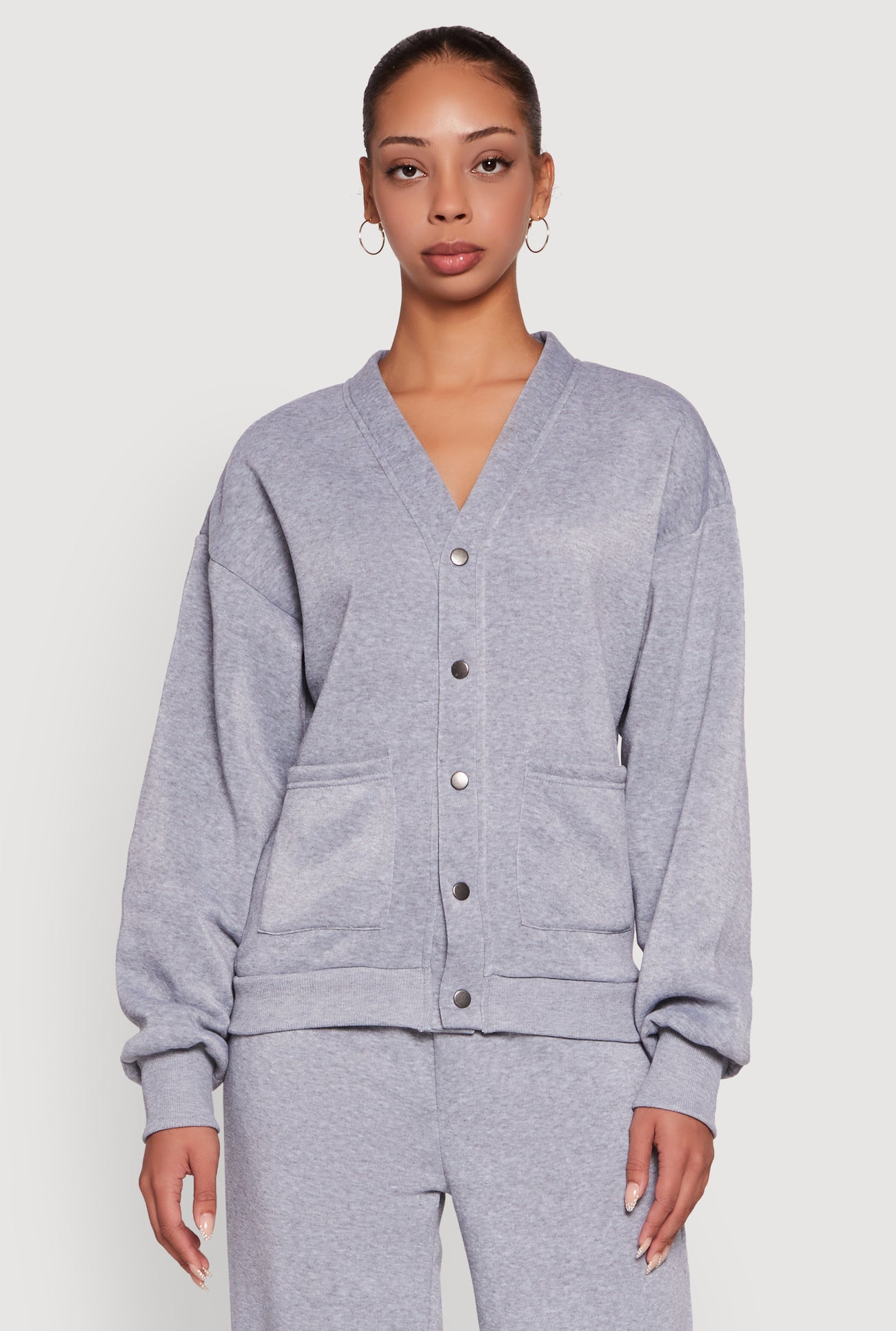 Oversized Fleece Lined V-Neck Button Front Cardigan