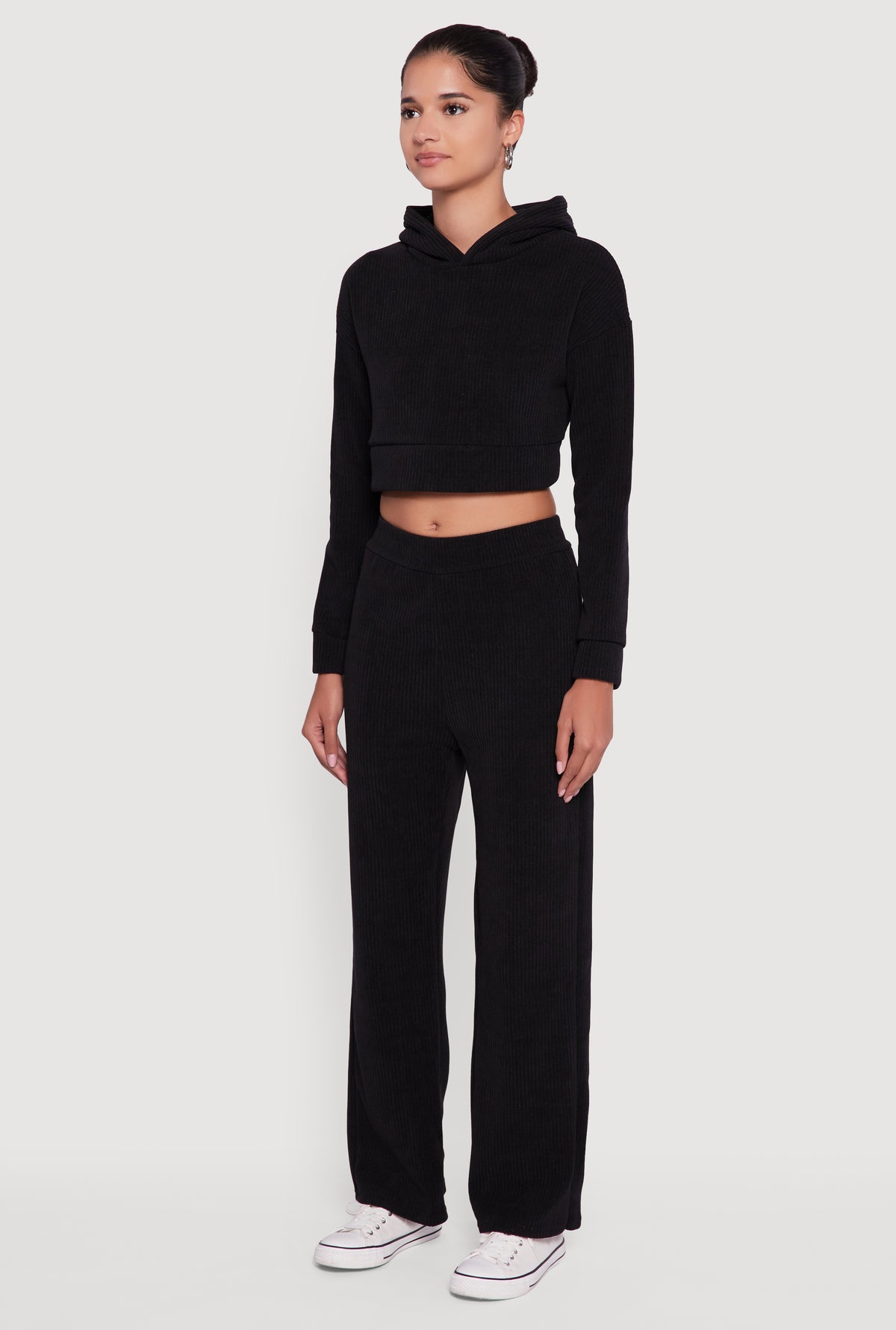 Ribbed Knit Long Sleeve Cropped Hoodie