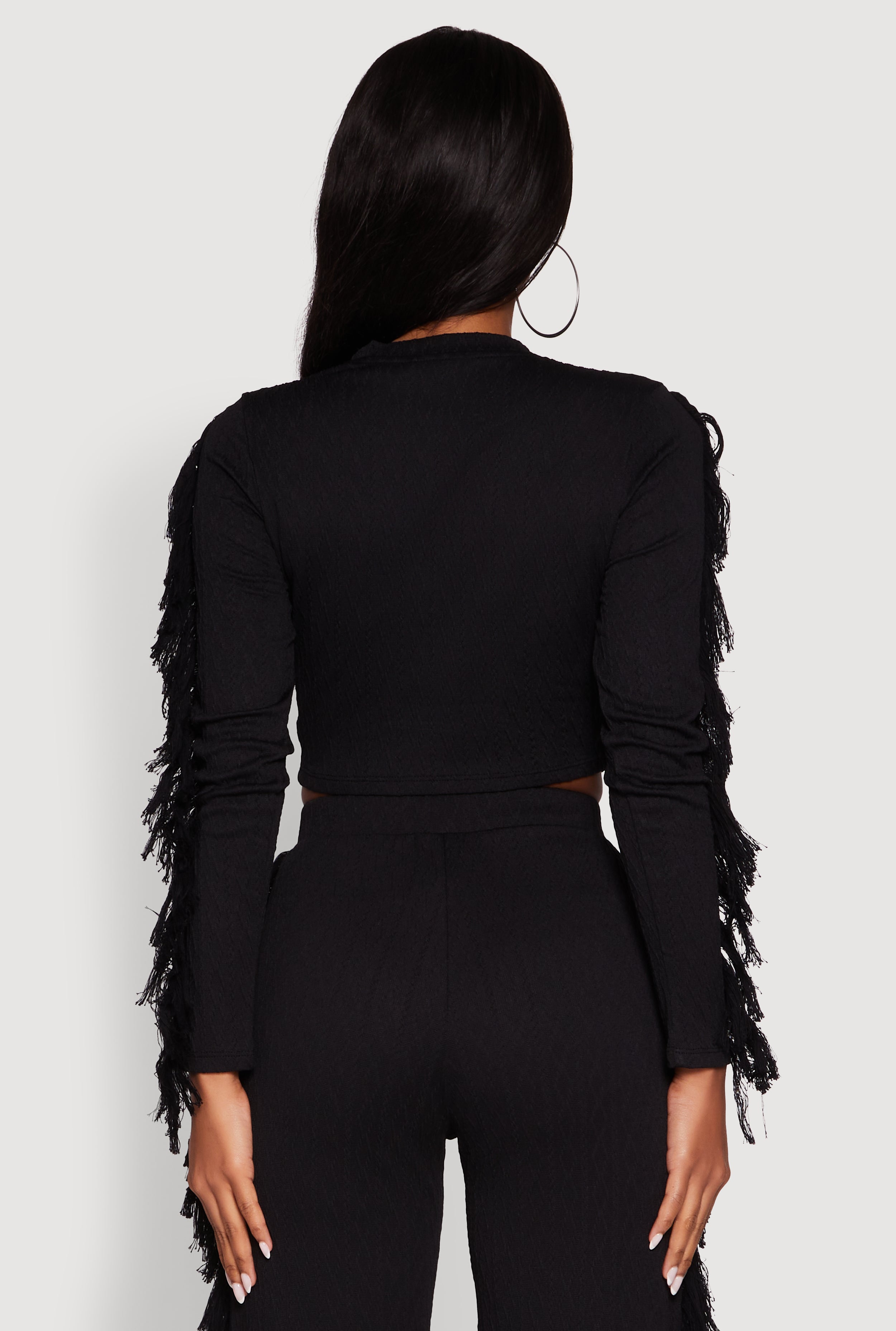 Textured Knit Long Sleeve Fringe Crop Top