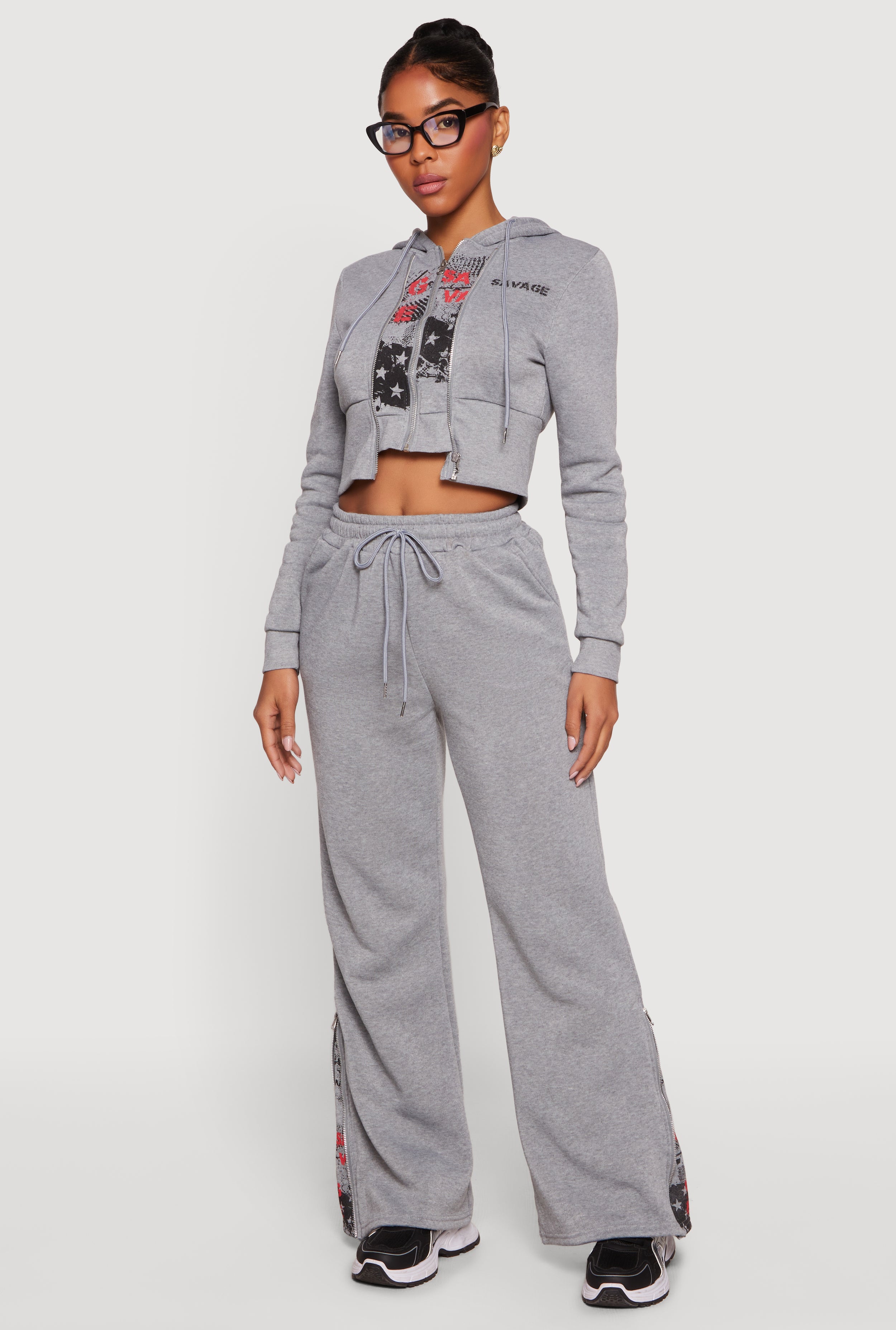 Savage Graphic Double Layered Zip Front Cropped Hoodie