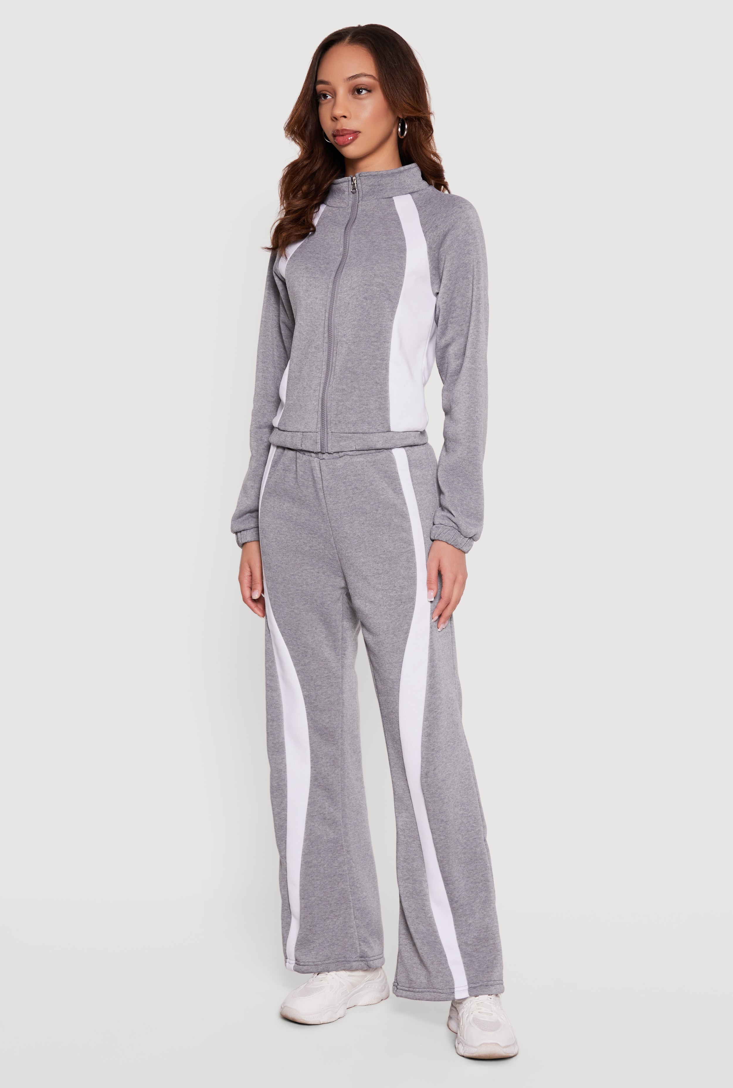 Contrast Trim Mock Neck Zip Front Sweatshirt
