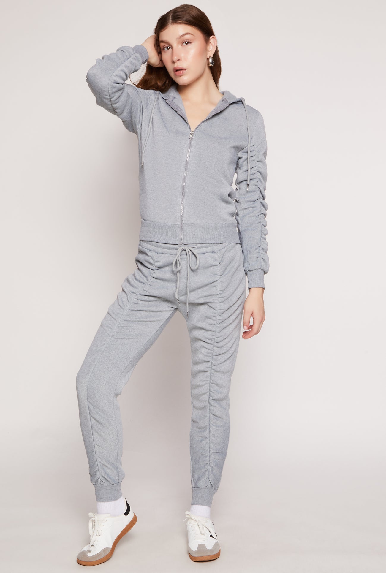 Ruched Sleeve Zip Front Hoodie