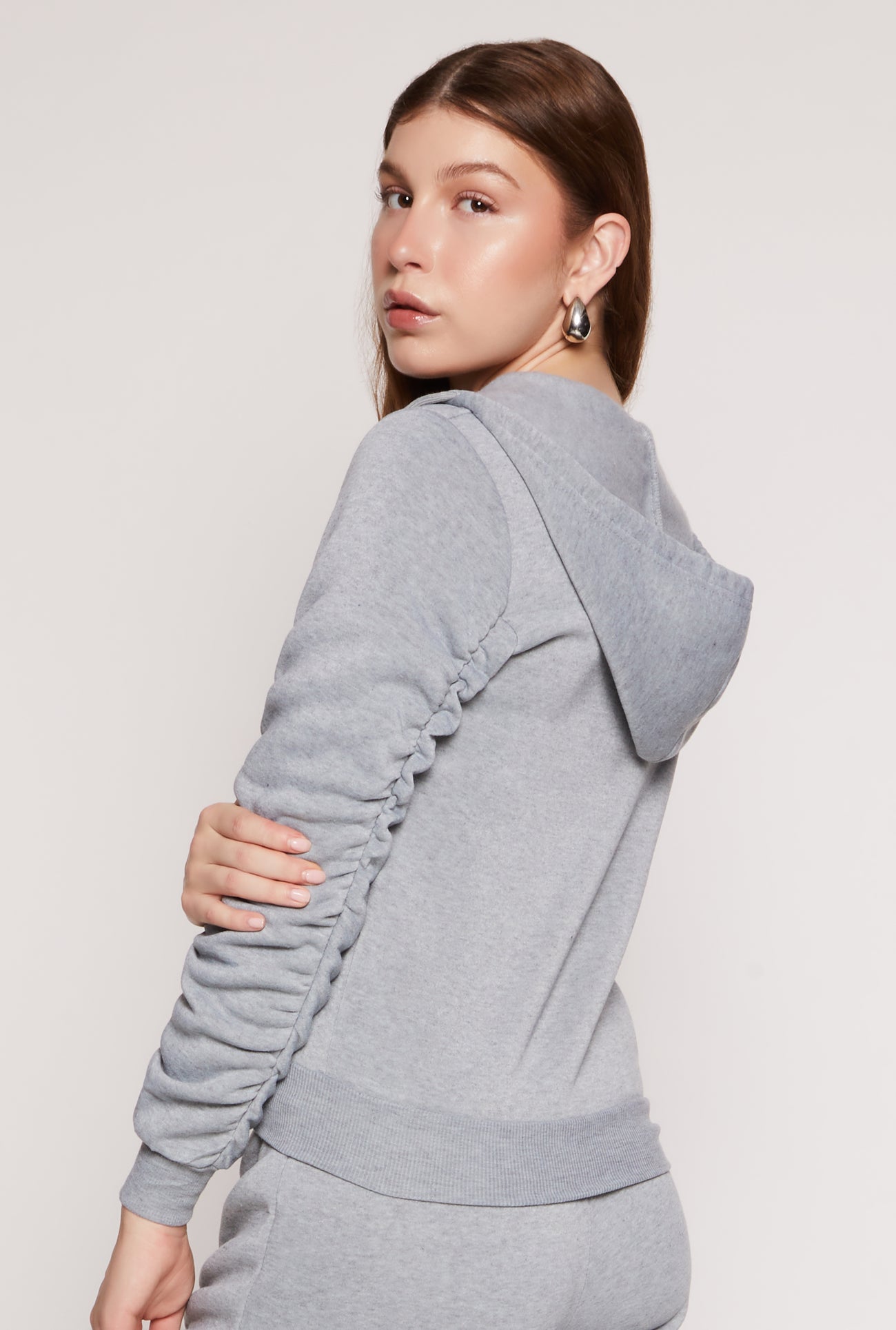 Ruched Sleeve Zip Front Hoodie