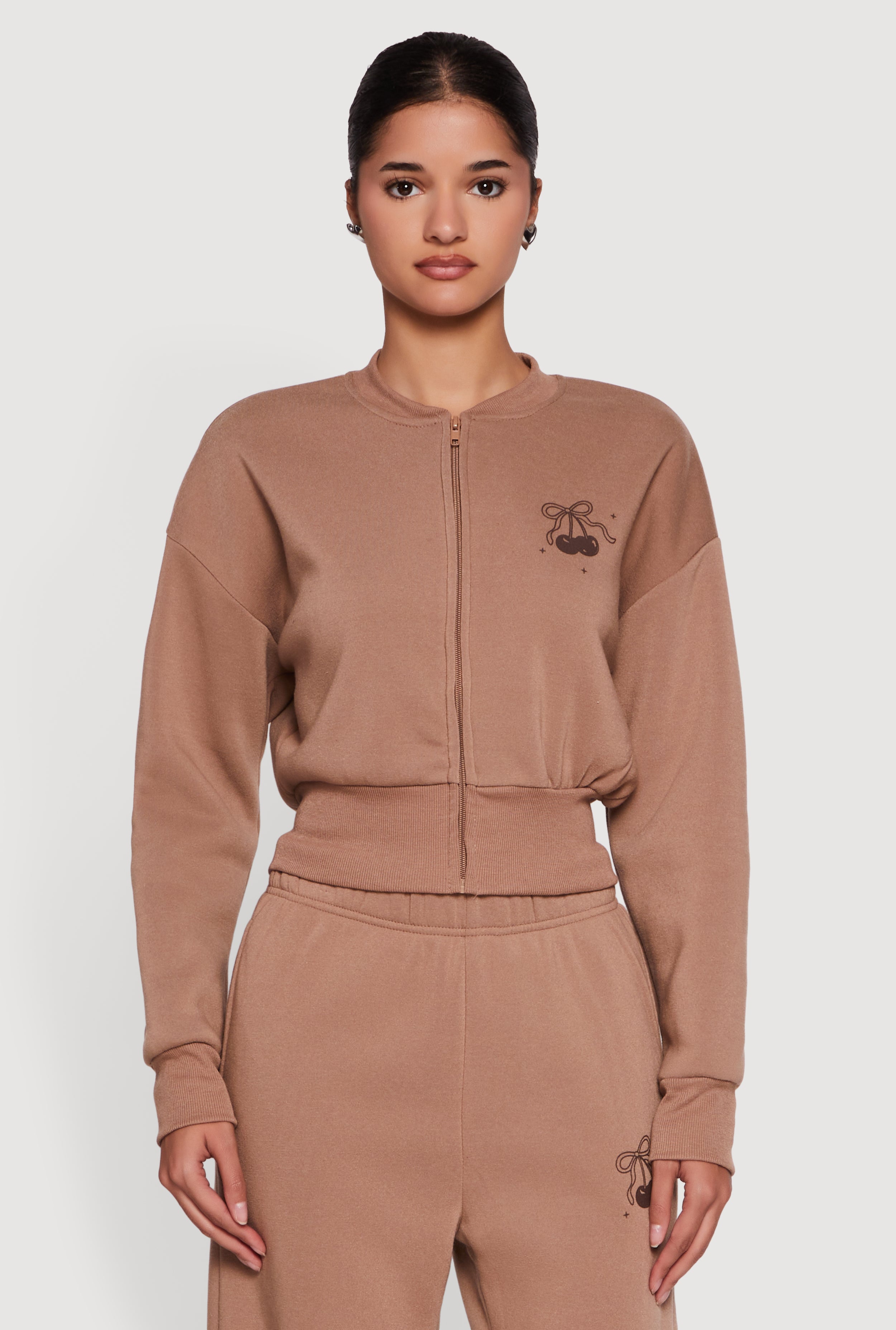 Cherry Bow Graphic Detail Zip Front Sweatshirt