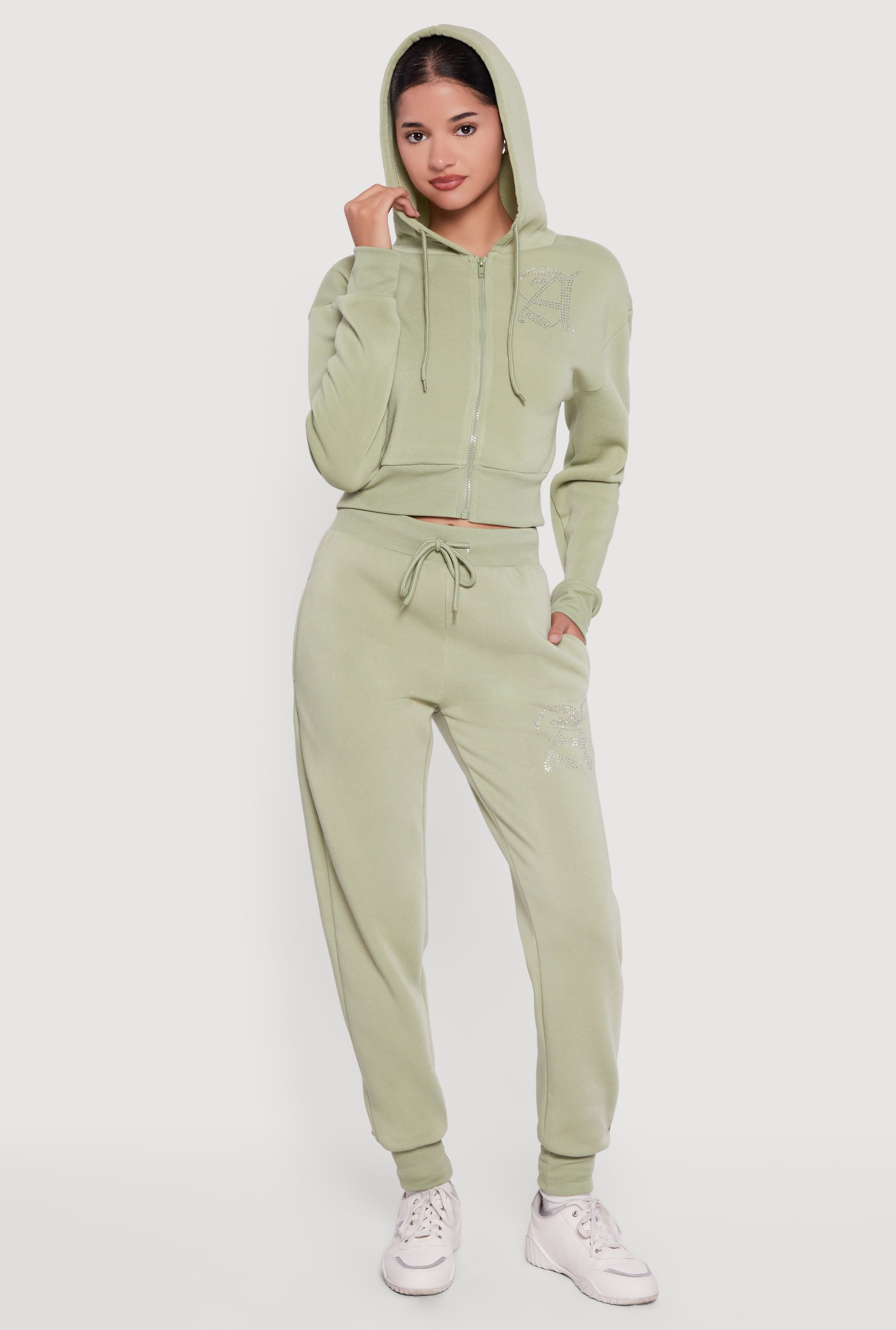 Angel Rhinestone Zip Front Cropped Hoodie