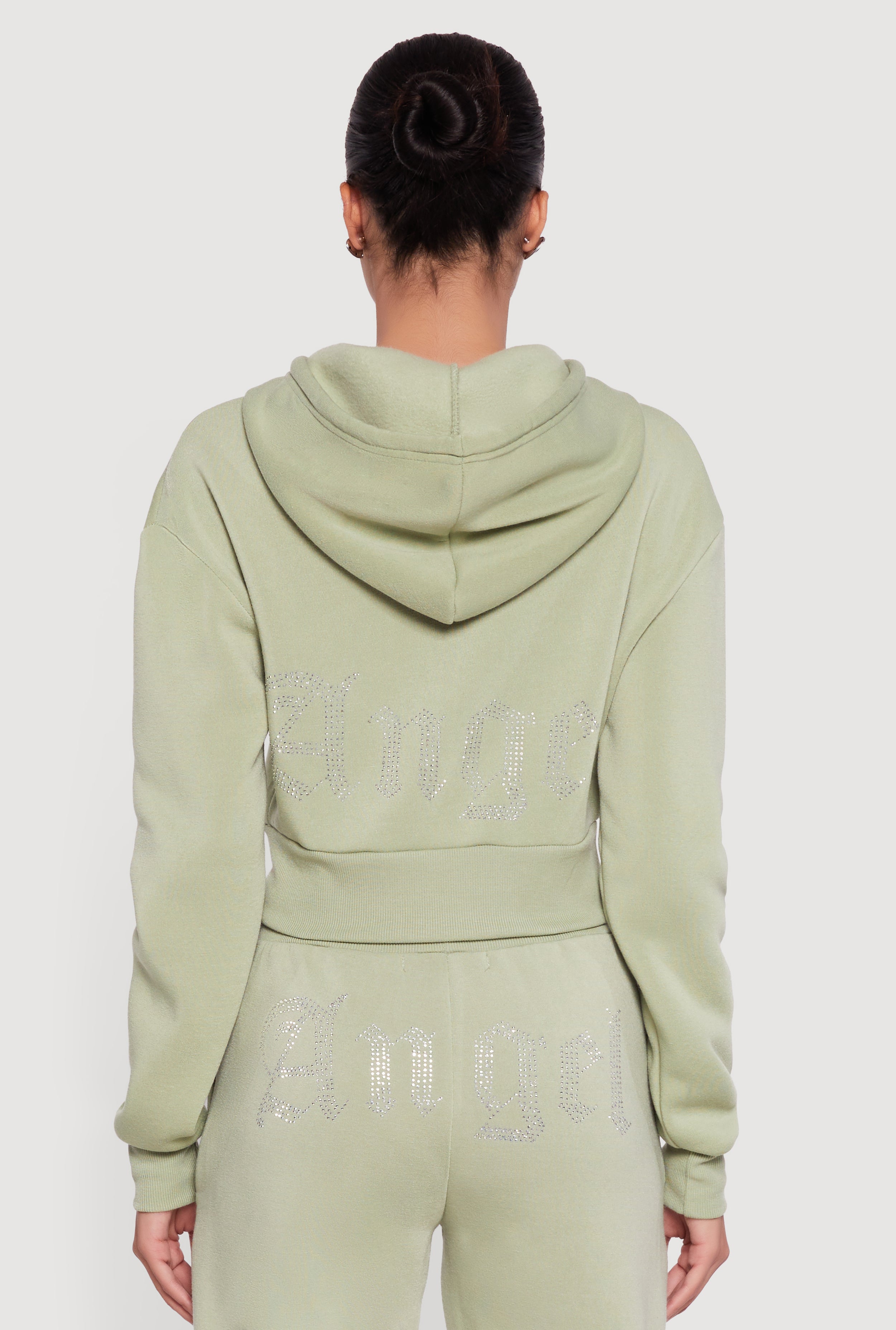 Angel Rhinestone Zip Front Cropped Hoodie
