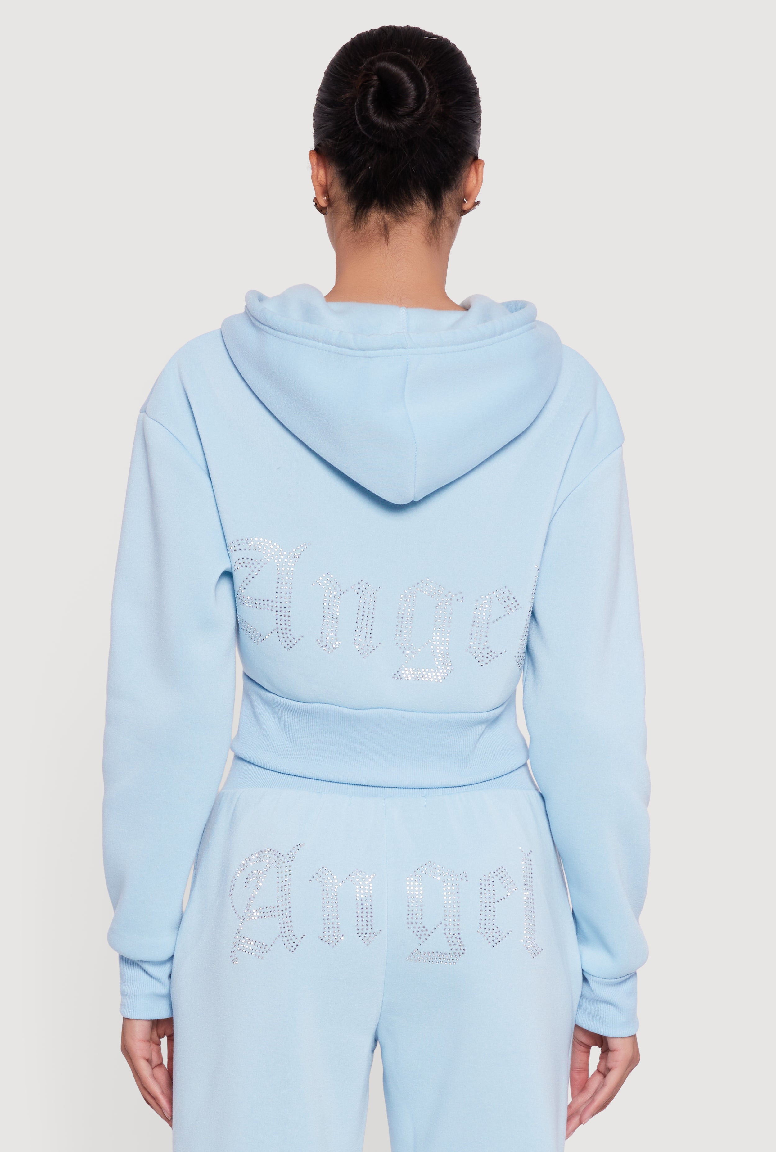 Angel Rhinestone Zip Front Cropped Hoodie