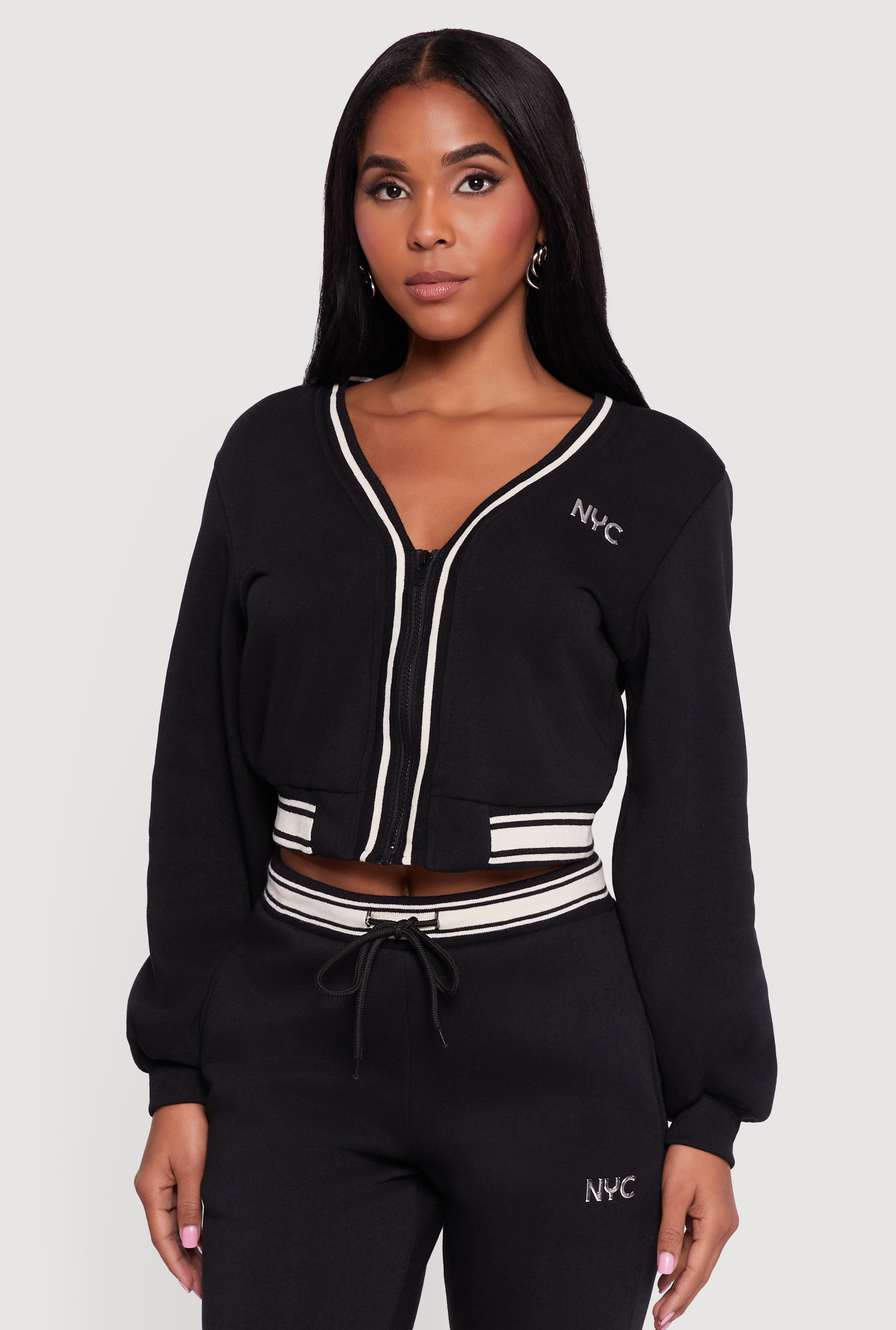 NYC V-Neck Zip Front Cropped Sweatshirt
