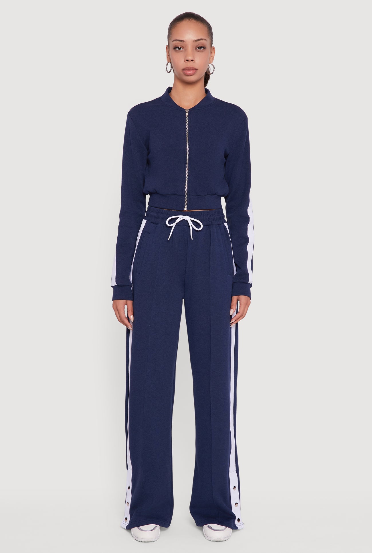 Snap Button Side Stripe Drawstring Waist Track Pants
