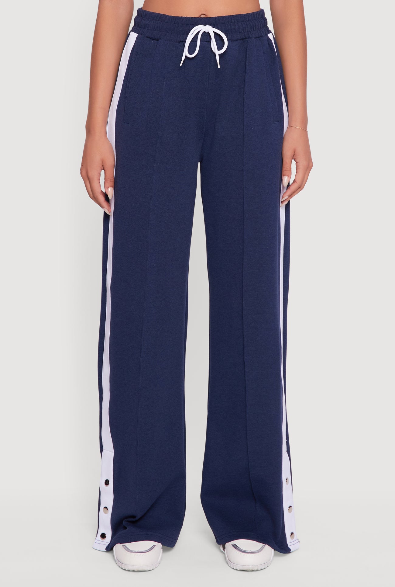Snap Button Side Stripe Drawstring Waist Track Pants