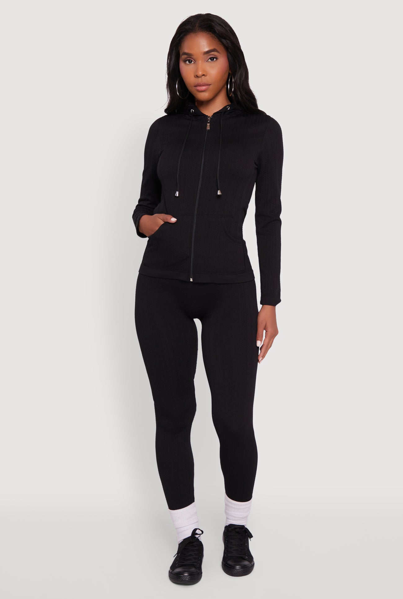 Textured Knit Zip Front Drawstring Hoodie