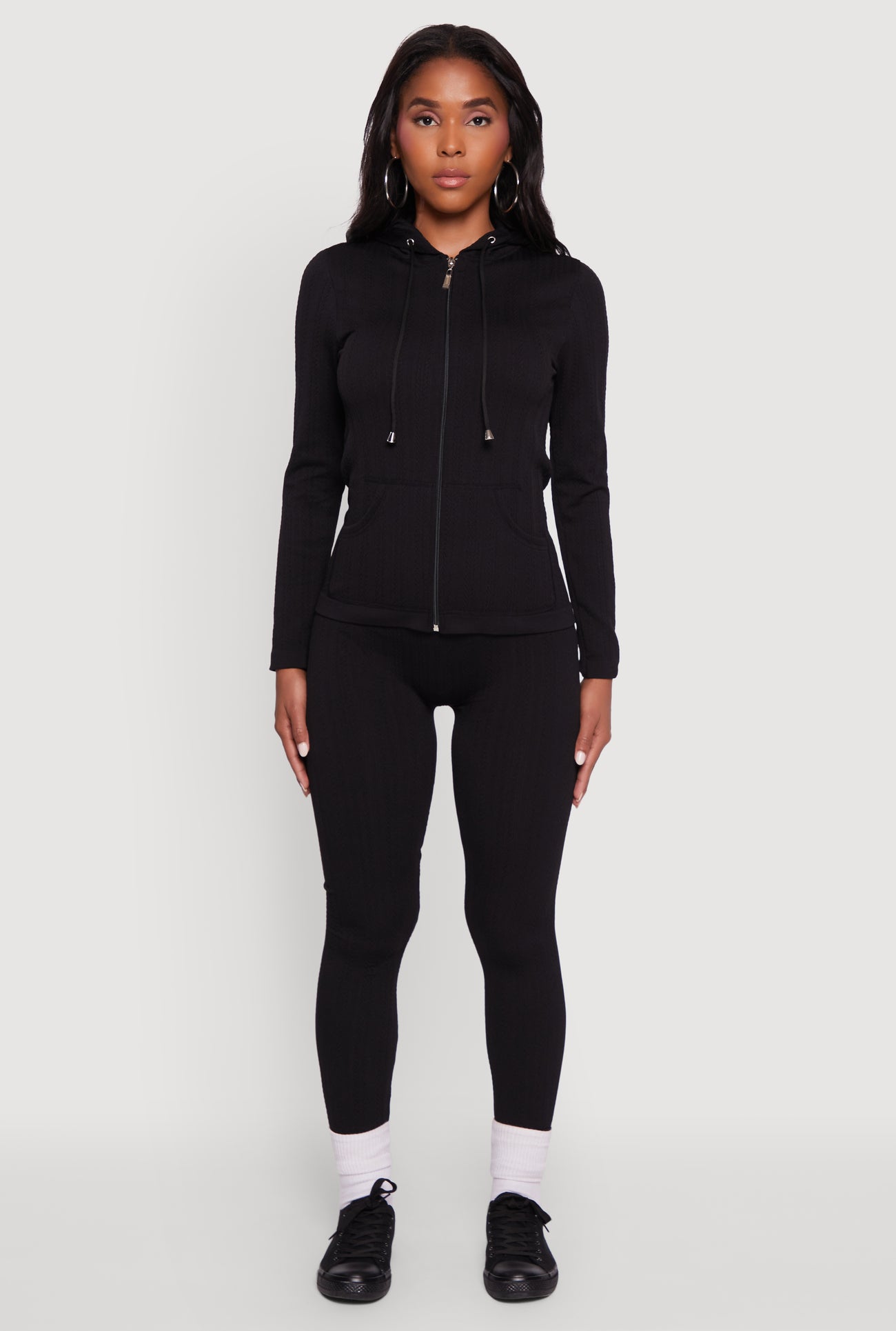 Textured Knit Zip Front Drawstring Hoodie