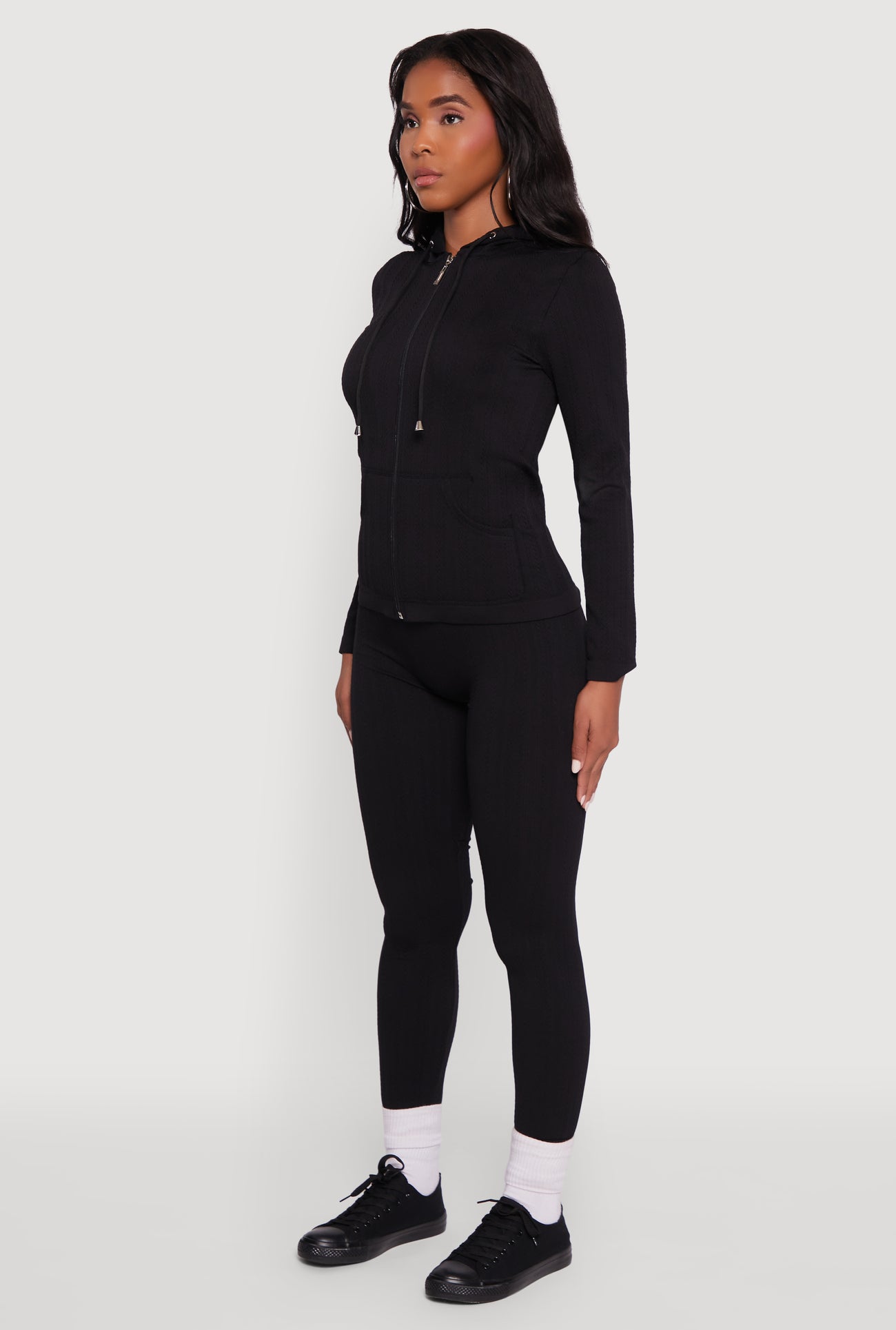 Textured Knit Zip Front Drawstring Hoodie