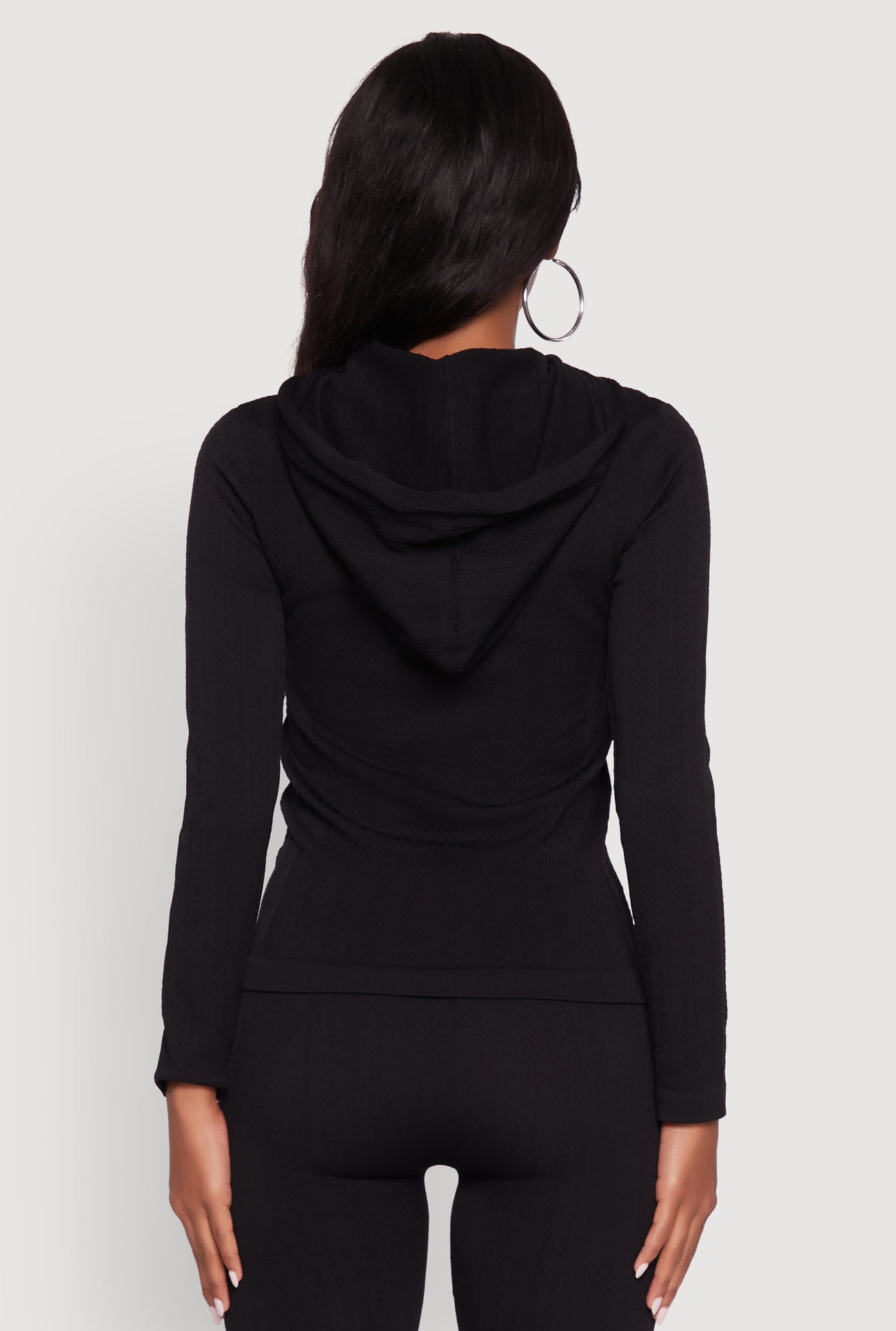 Textured Knit Zip Front Drawstring Hoodie