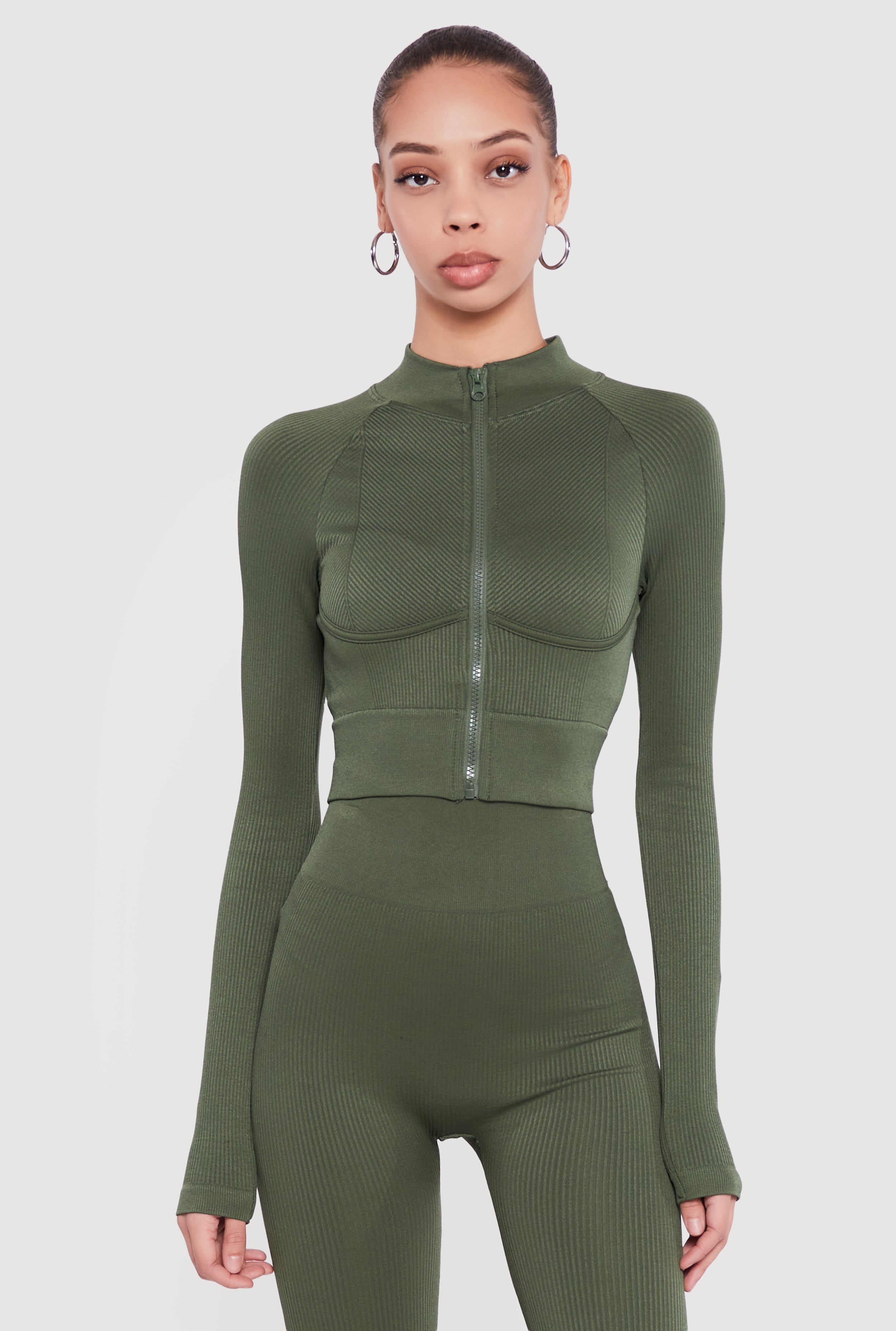 Ribbed Cropped Zip Front Active Jacket