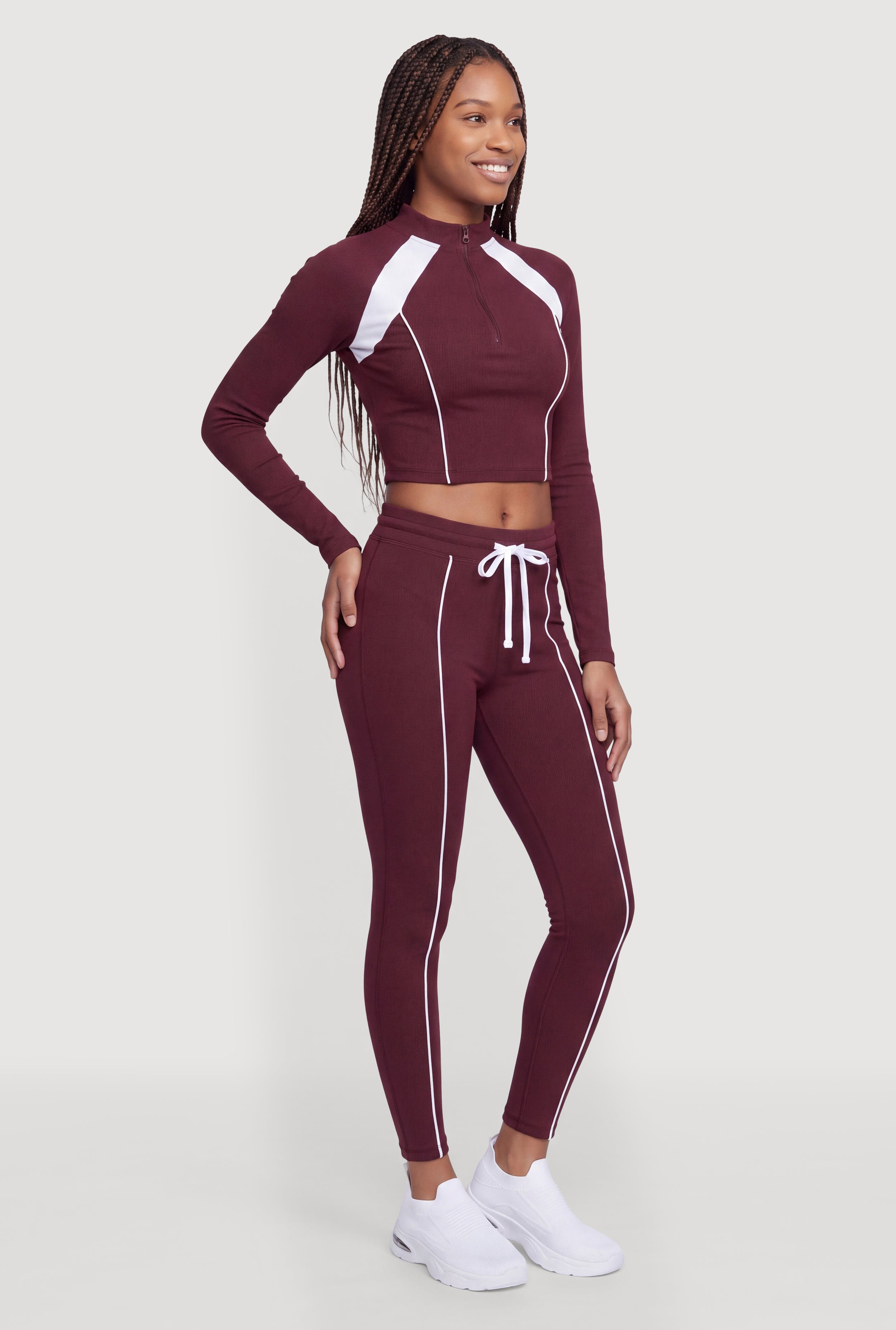 Contrast Trim Half Zip Mock Neck Crop Top