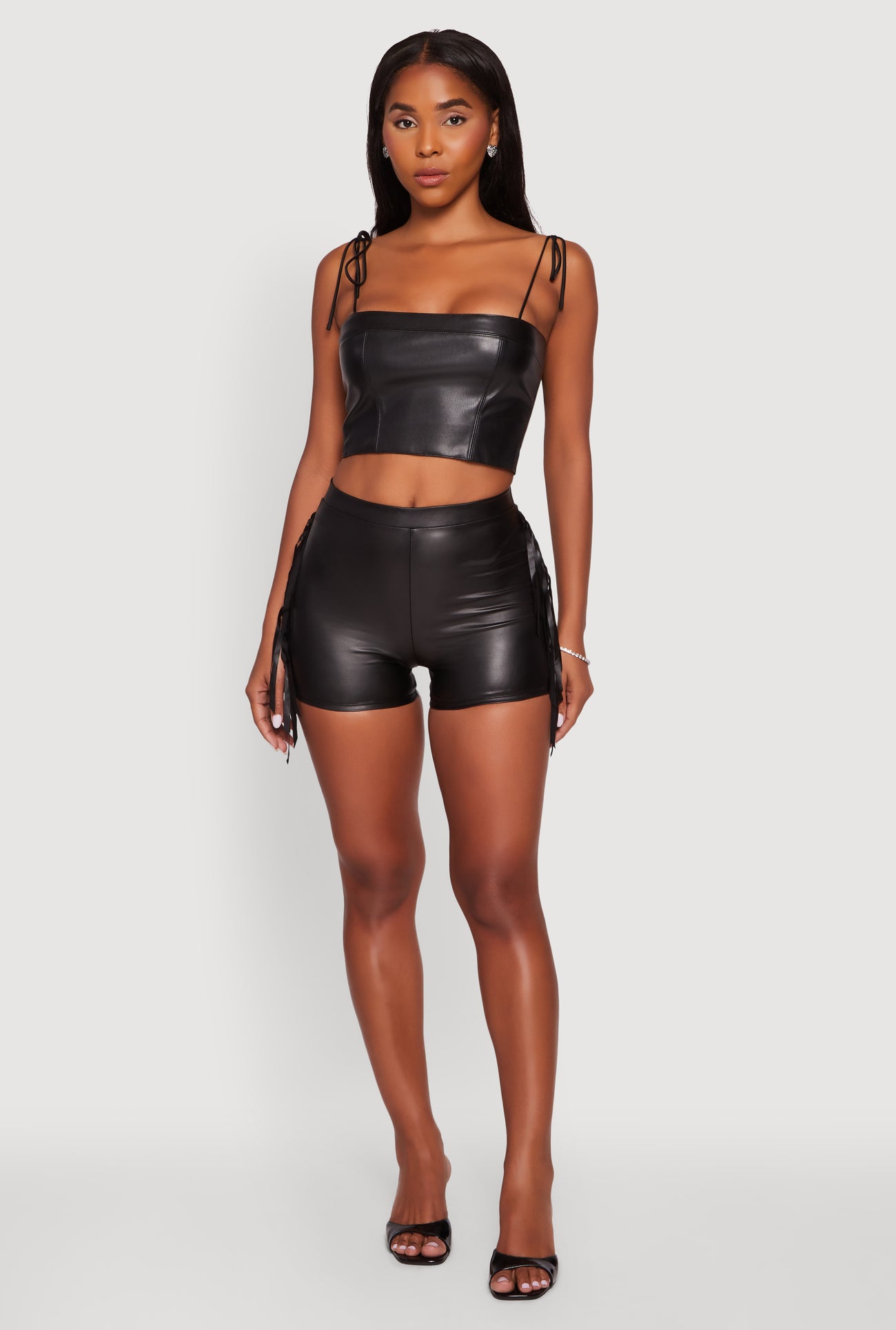 High Waisted Faux Leather Side Fringe Shorts