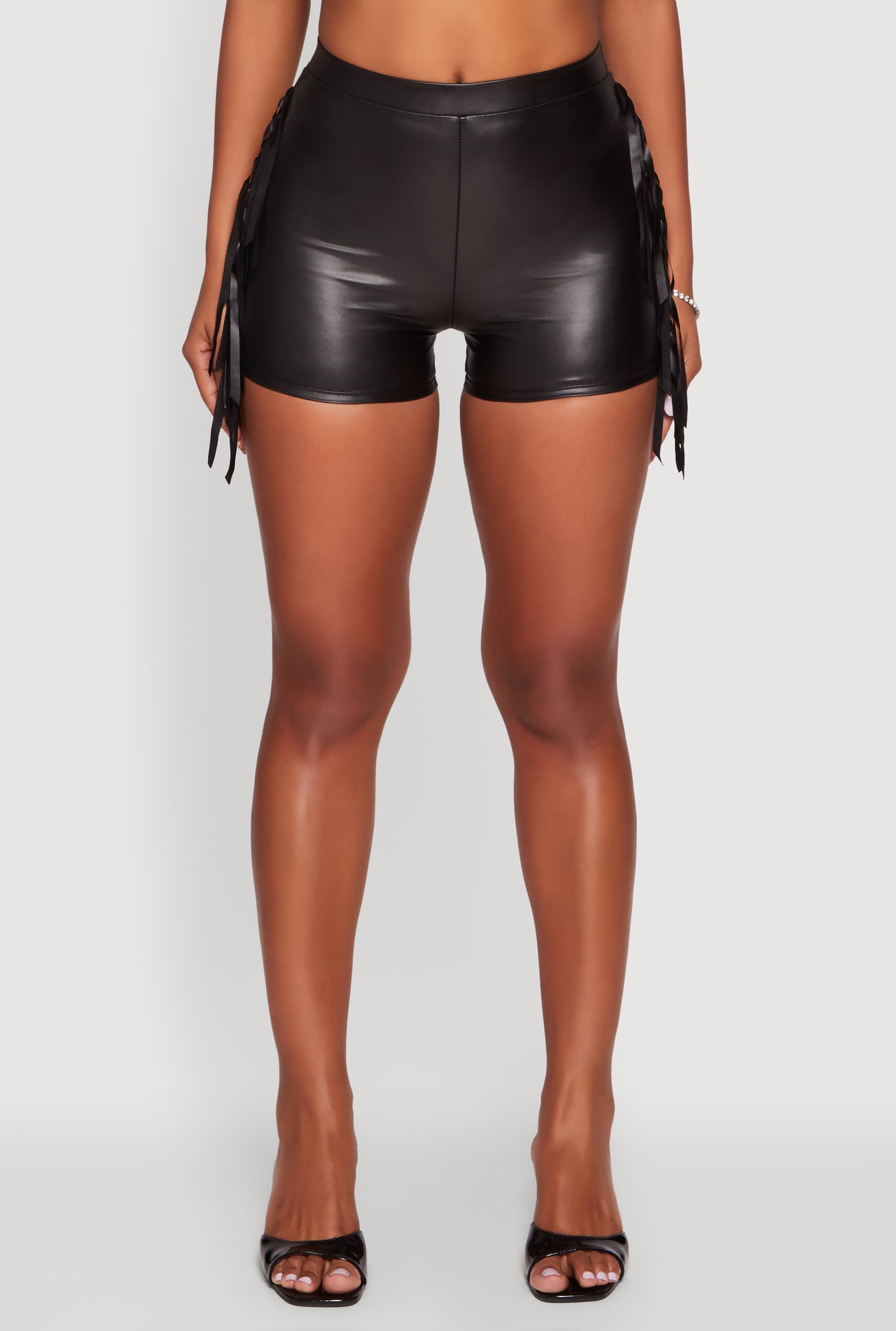 High Waisted Faux Leather Side Fringe Shorts
