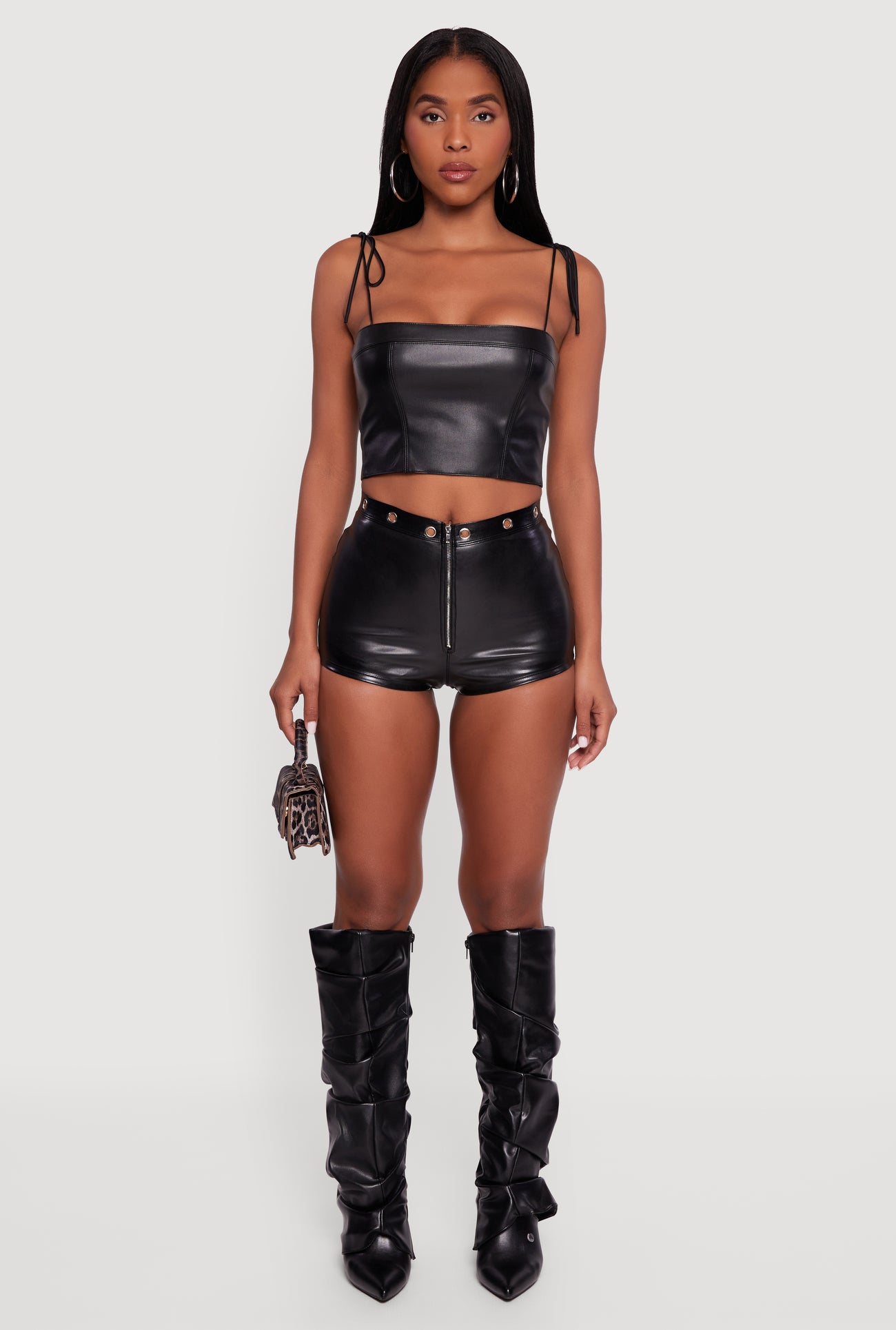 Faux Leather Zip Front Grommet Detail Micro Shorts