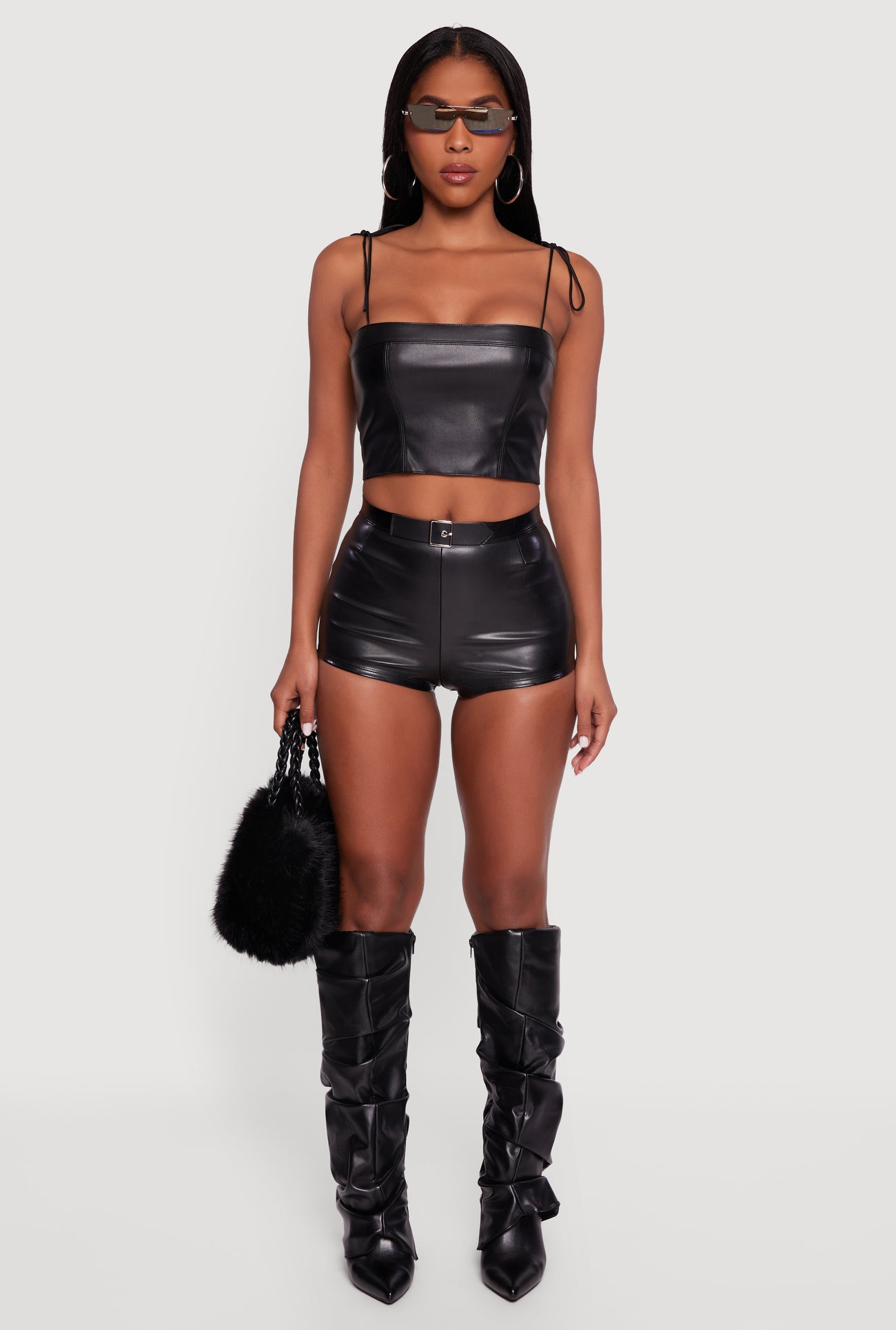 Faux Leather Belted Front High Waisted Micro Shorts
