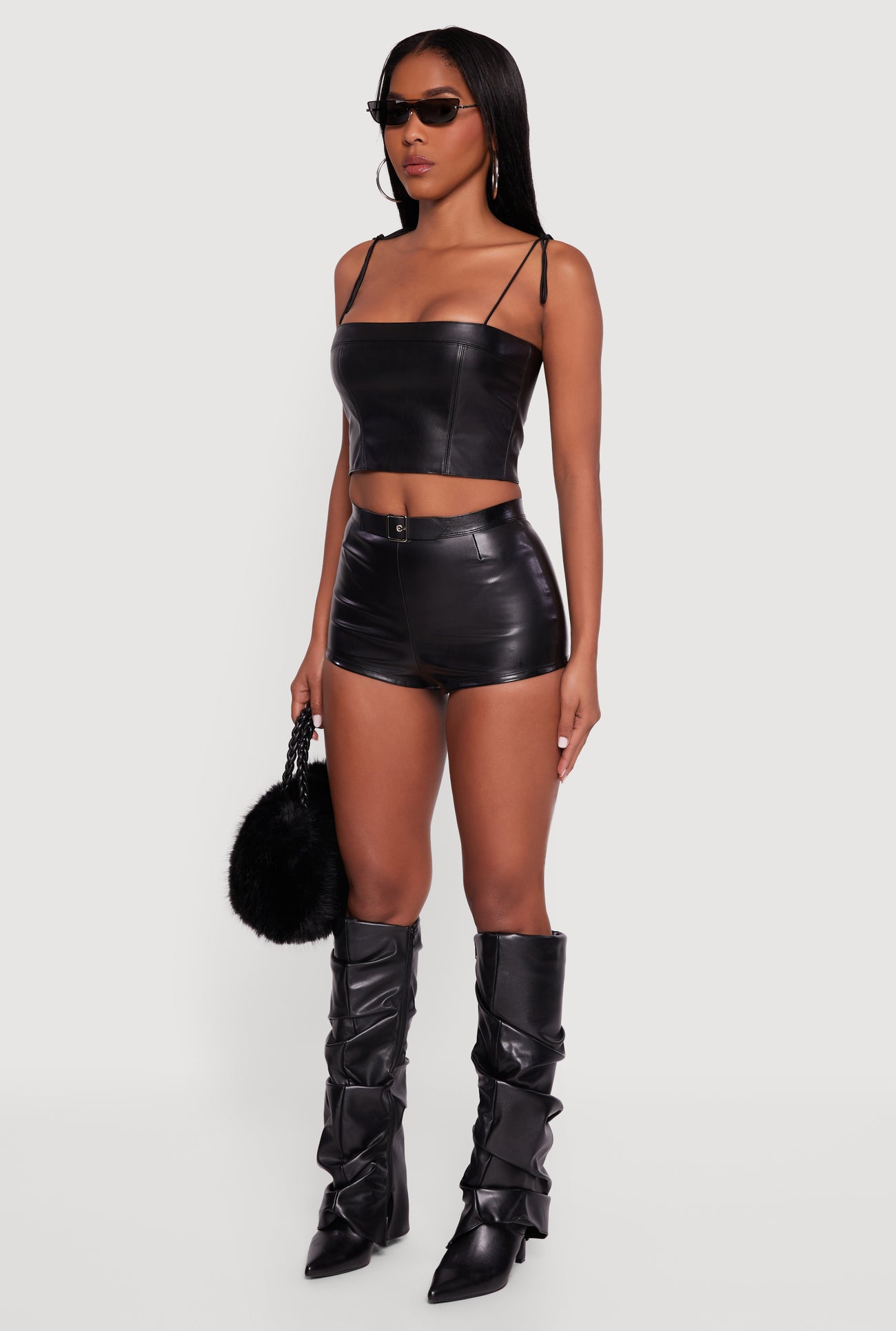 Faux Leather Belted Front High Waisted Micro Shorts