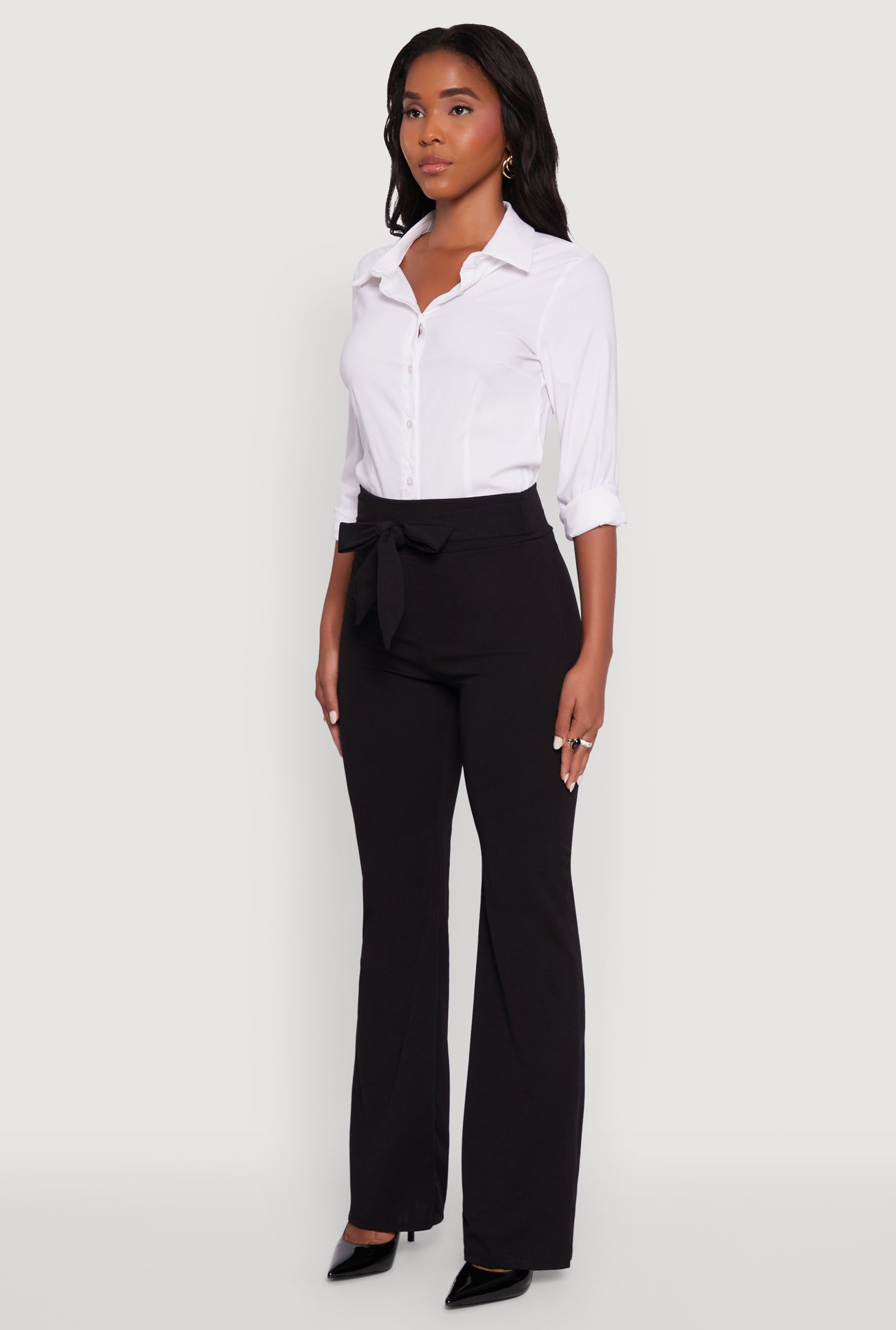 High Waisted Crepe Knit Tie Front Dress Pants