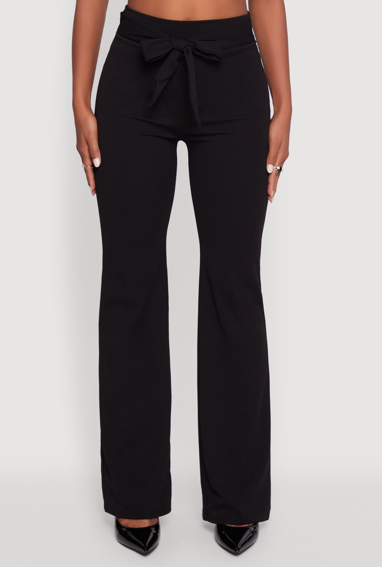 High Waisted Crepe Knit Tie Front Dress Pants