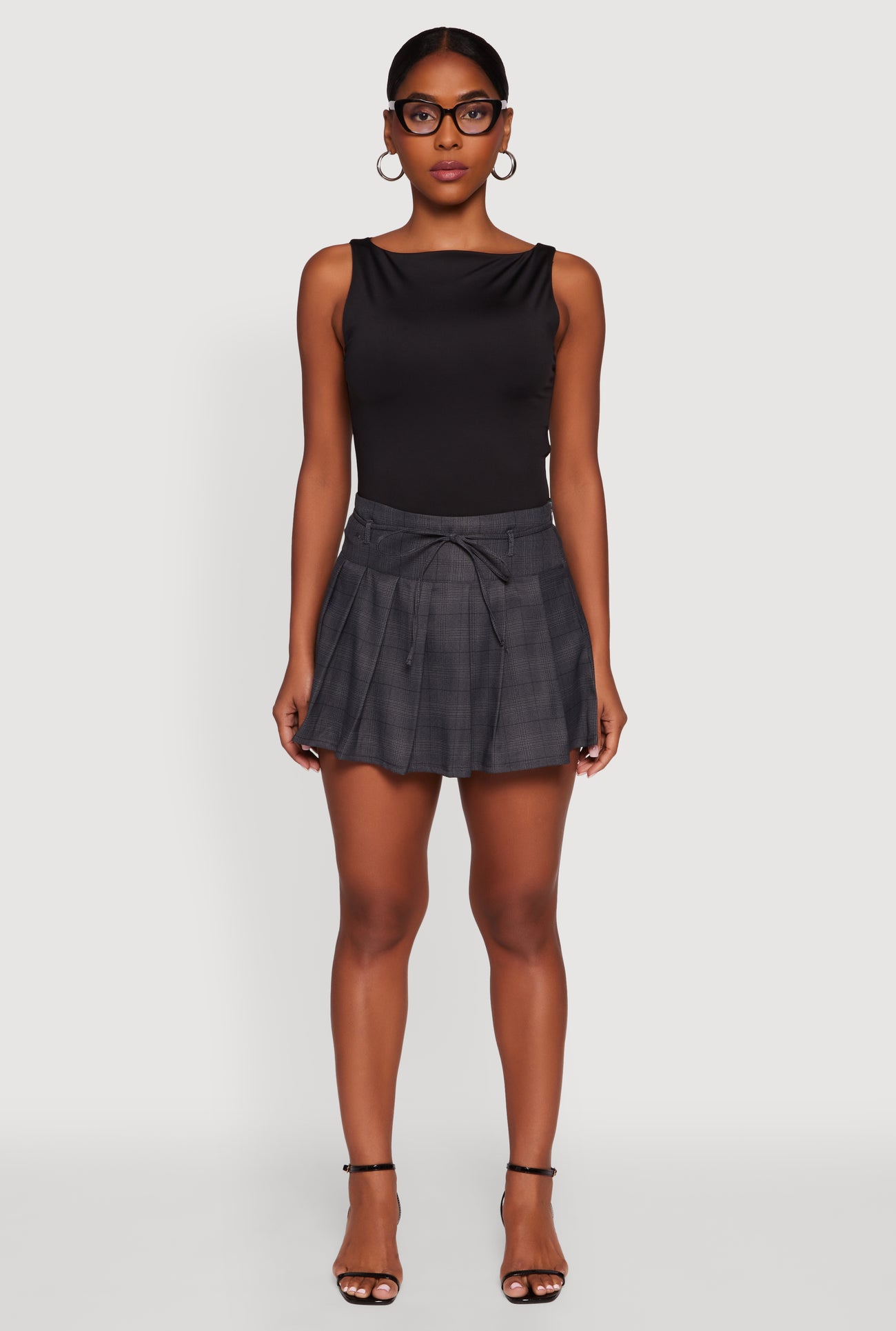 Tie Waist Belted Mini Plaid Pleated Skirt