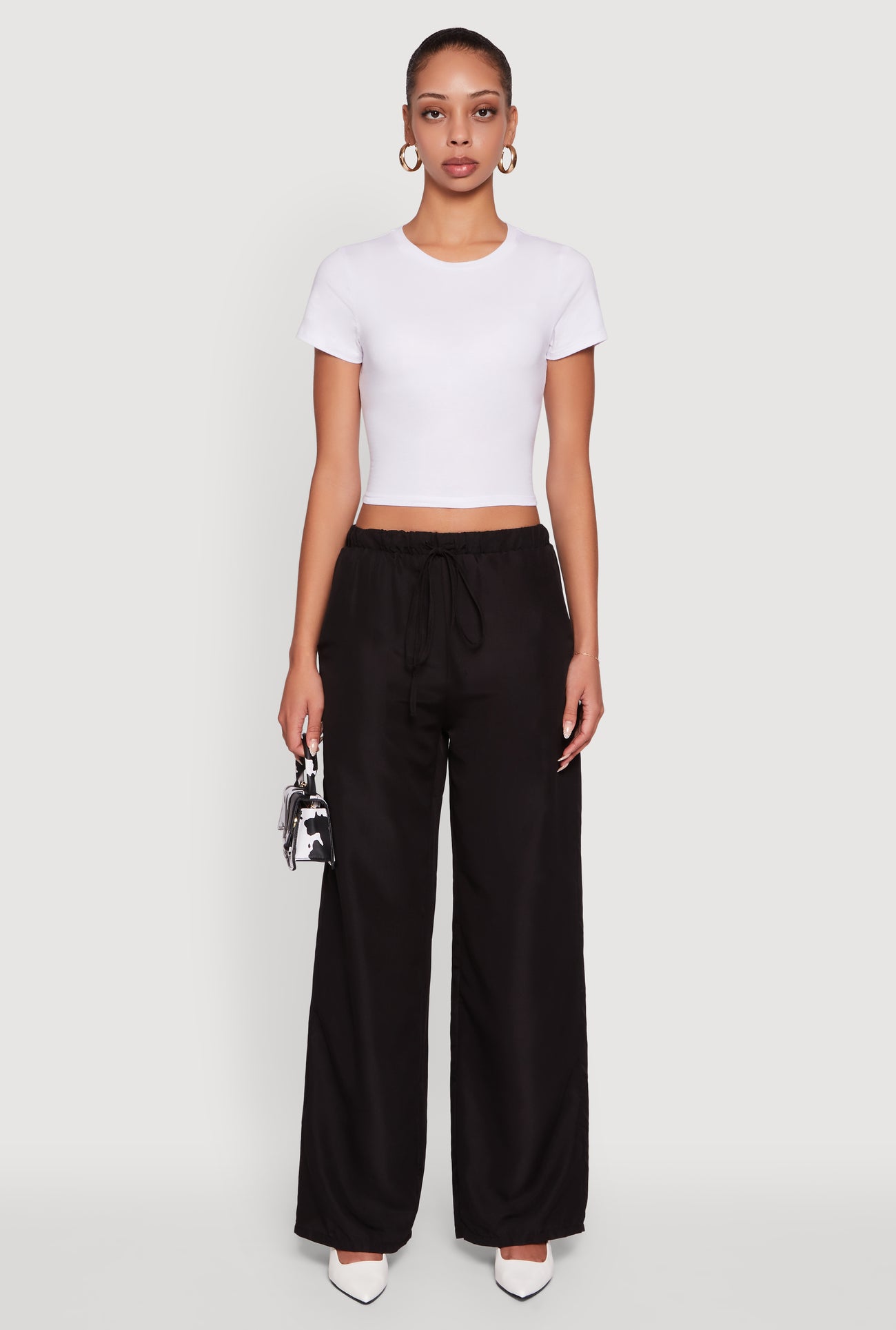 Solid Drawstring Waist Wide Leg Pants