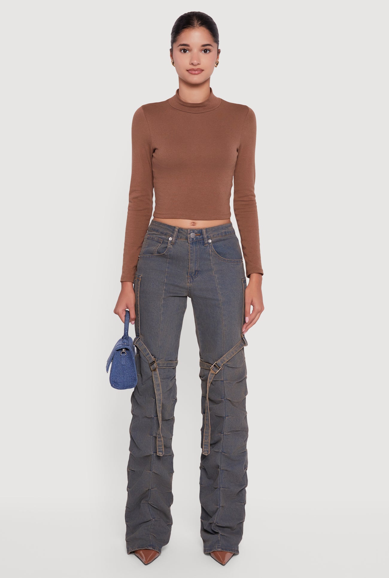 Pintuck Detail Stacked Straight Leg Jeans with Thigh Straps