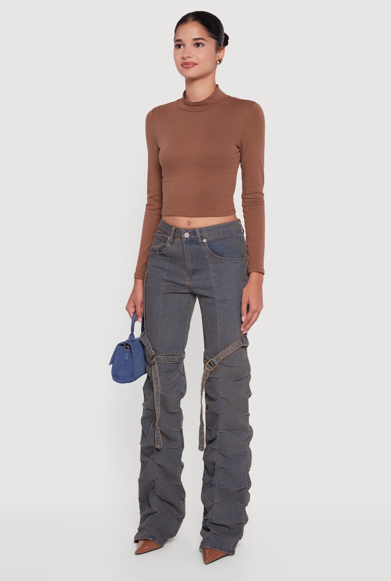 Pintuck Detail Stacked Straight Leg Jeans with Thigh Straps