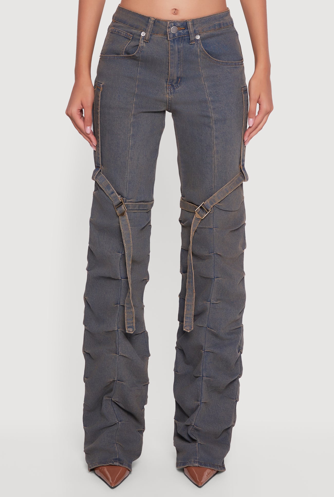 Pintuck Detail Stacked Straight Leg Jeans with Thigh Straps