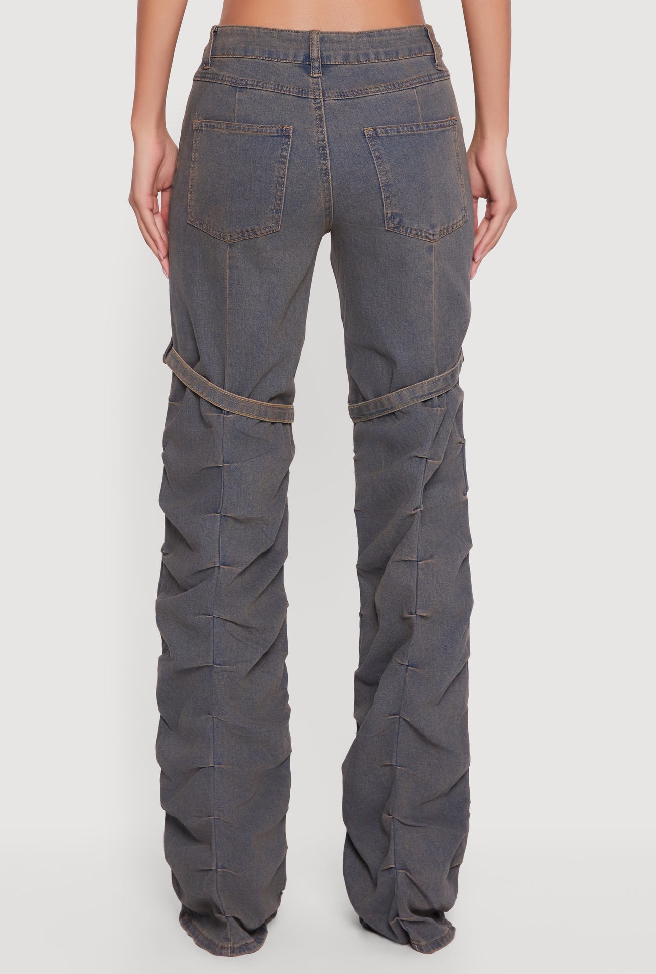 Pintuck Detail Stacked Straight Leg Jeans with Thigh Straps