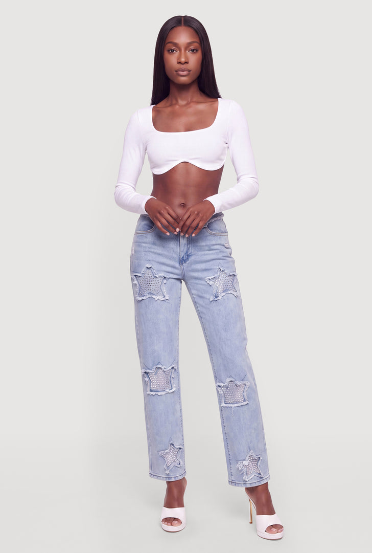 Studded Star Embroidered Straight Leg Jeans