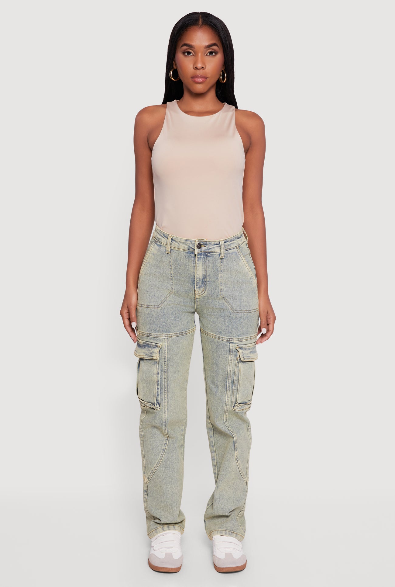 High Waisted Acid Wash Straight Leg Cargo Jeans