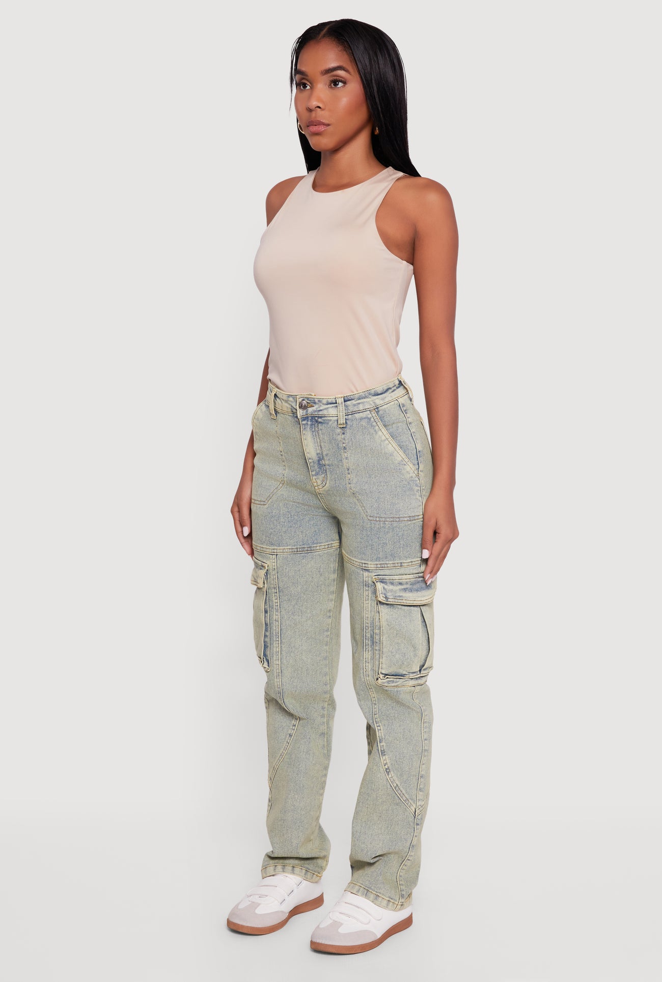High Waisted Acid Wash Straight Leg Cargo Jeans