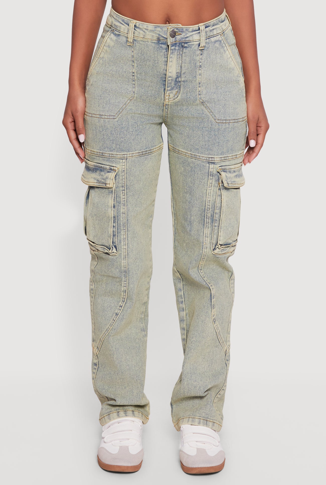 High Waisted Acid Wash Straight Leg Cargo Jeans