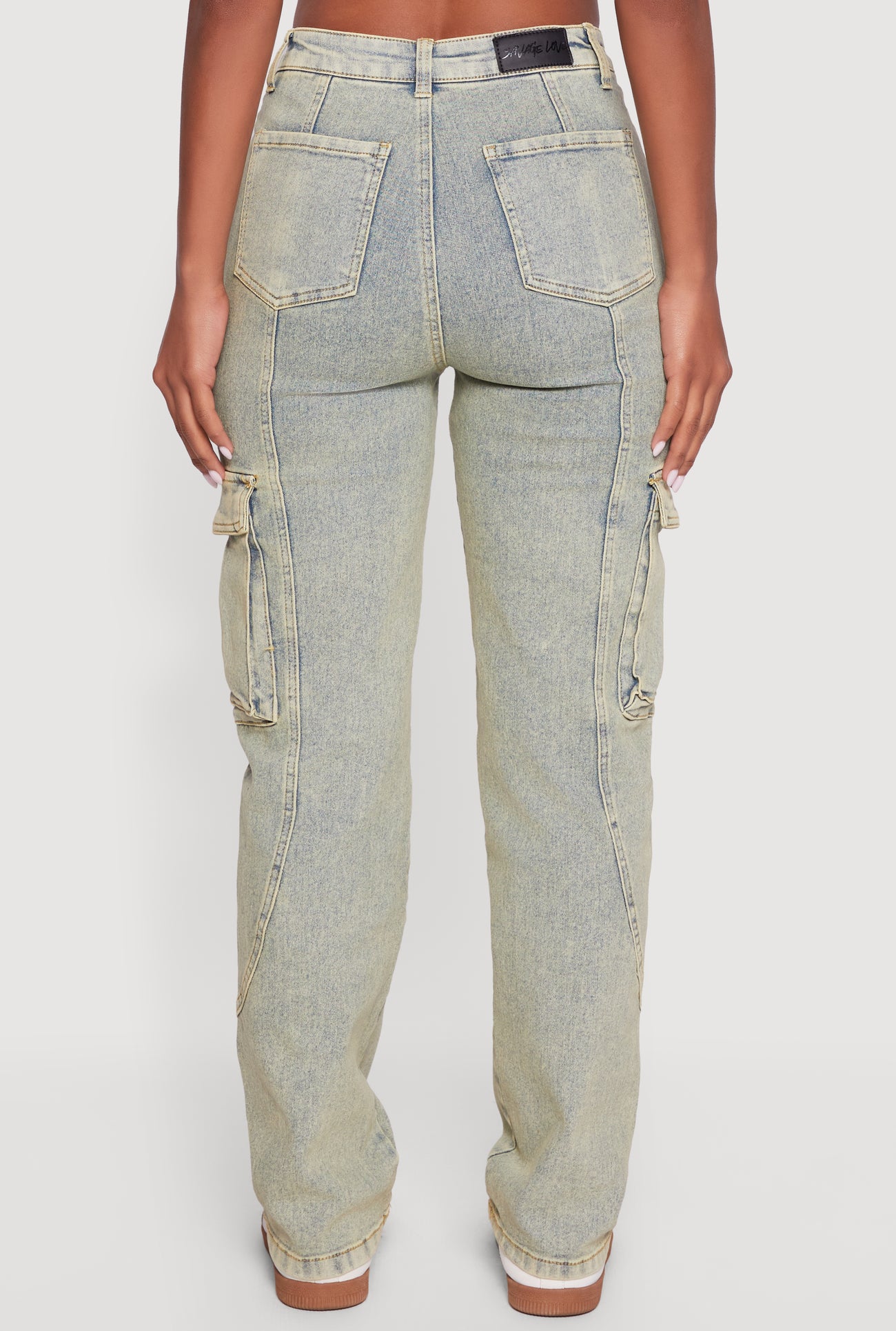 High Waisted Acid Wash Straight Leg Cargo Jeans