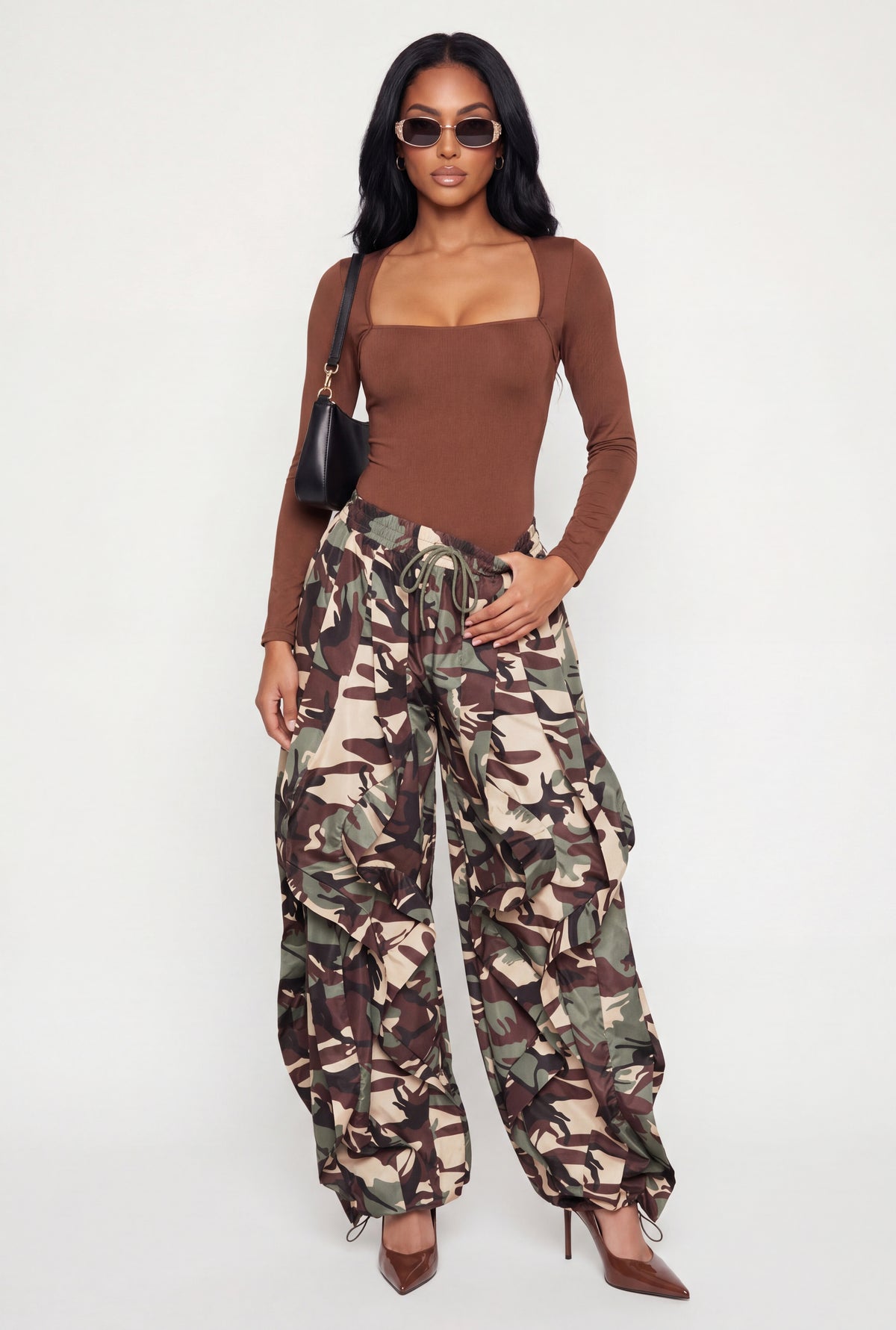Nylon Parachute Camouflage Pants with Ruffles