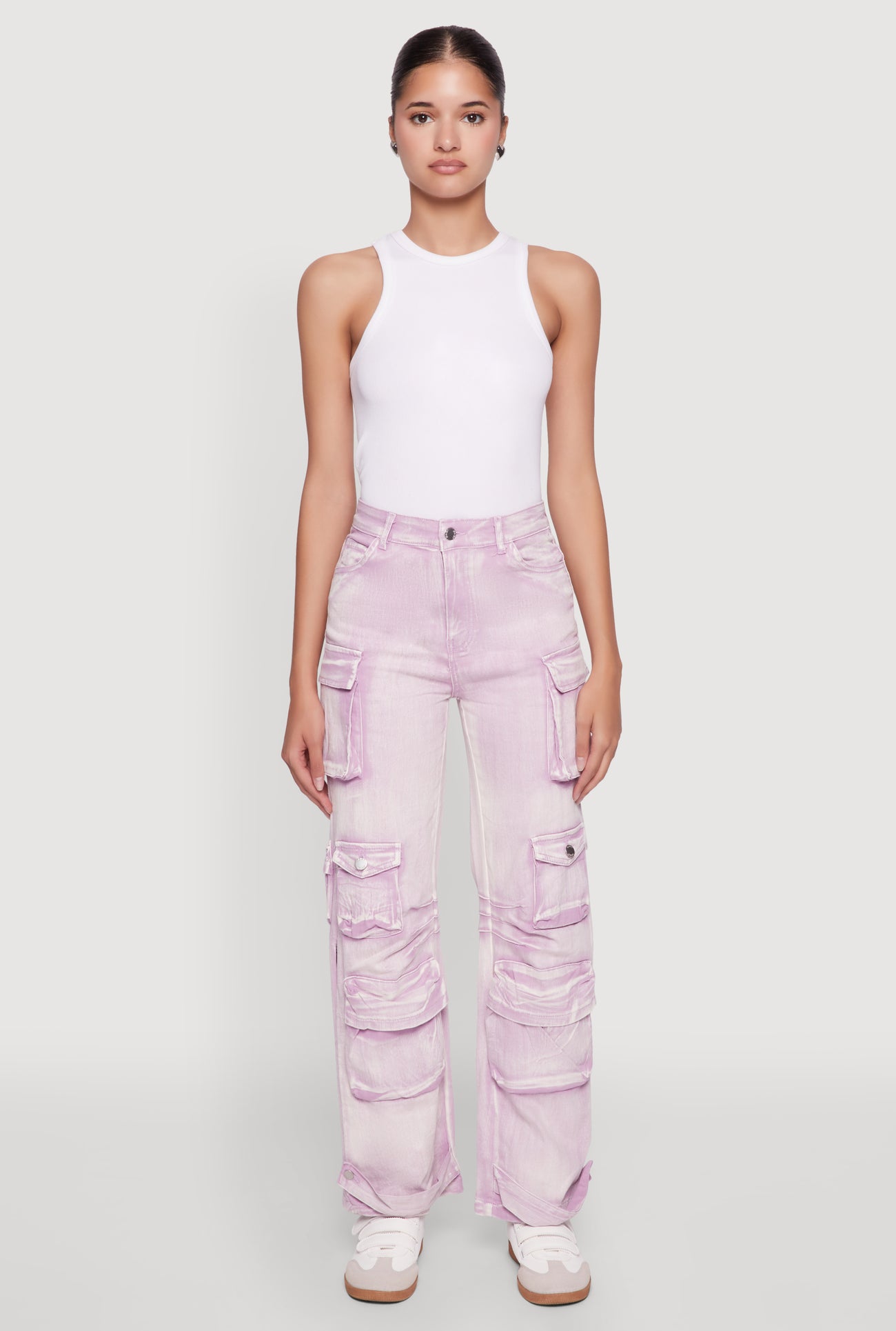 Daisy Acid Wash High Waisted Wide Leg Cargo Pants