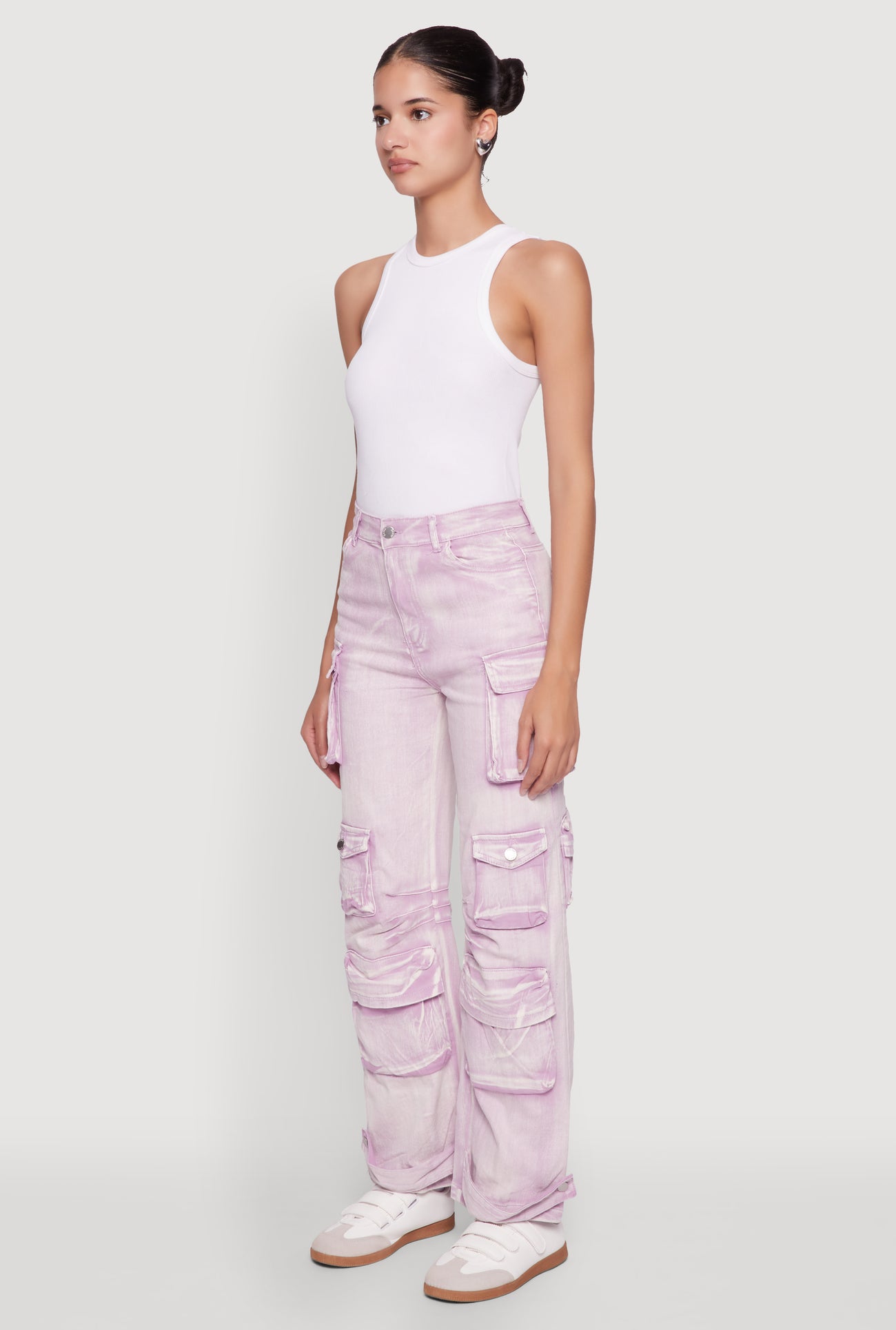 Daisy Acid Wash High Waisted Wide Leg Cargo Pants