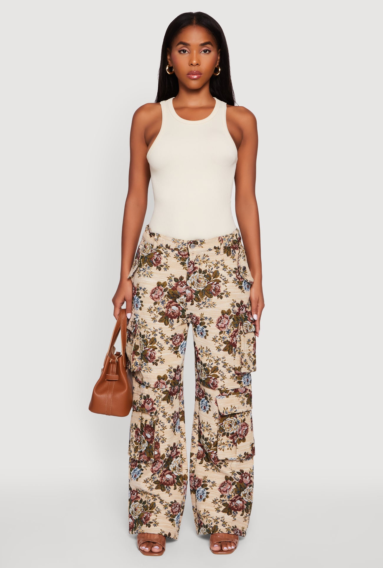 Floral Jacquard Wide Leg Utility Pants