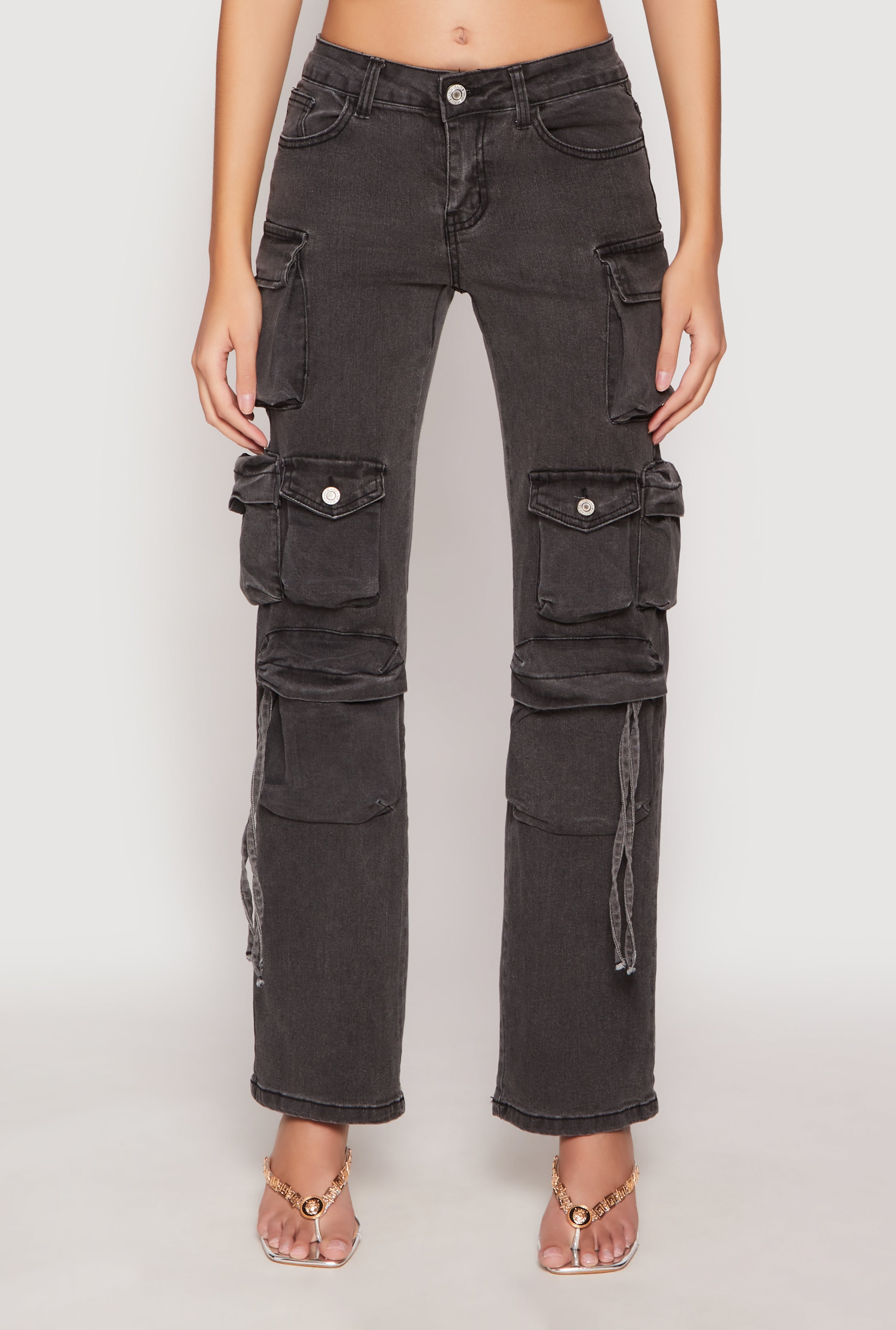 low box 3連 bag design multi pocket denim Convertible Baggy Cargo Jeans With Double Waist Band