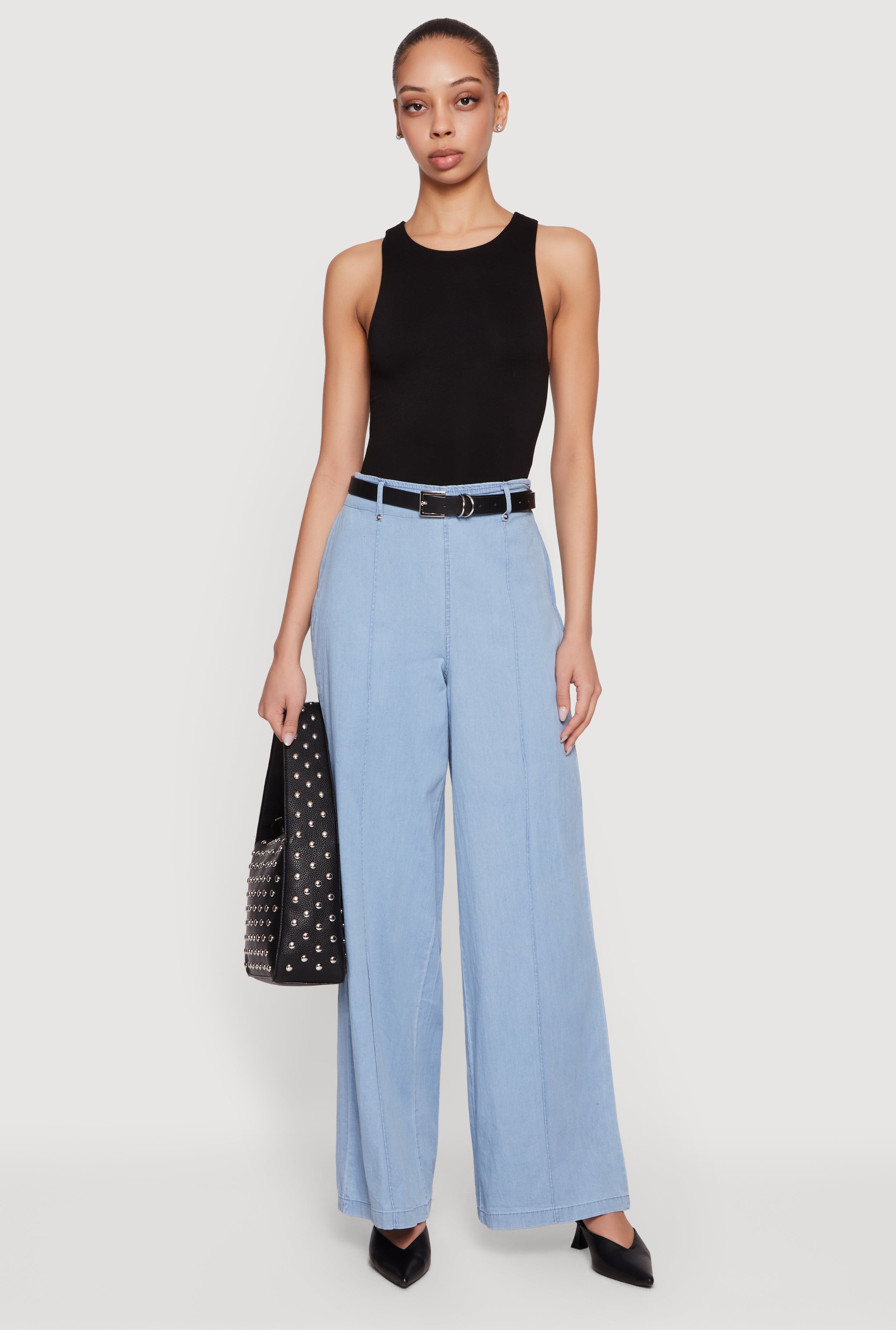 High Waisted Wide Leg Chambray Pants